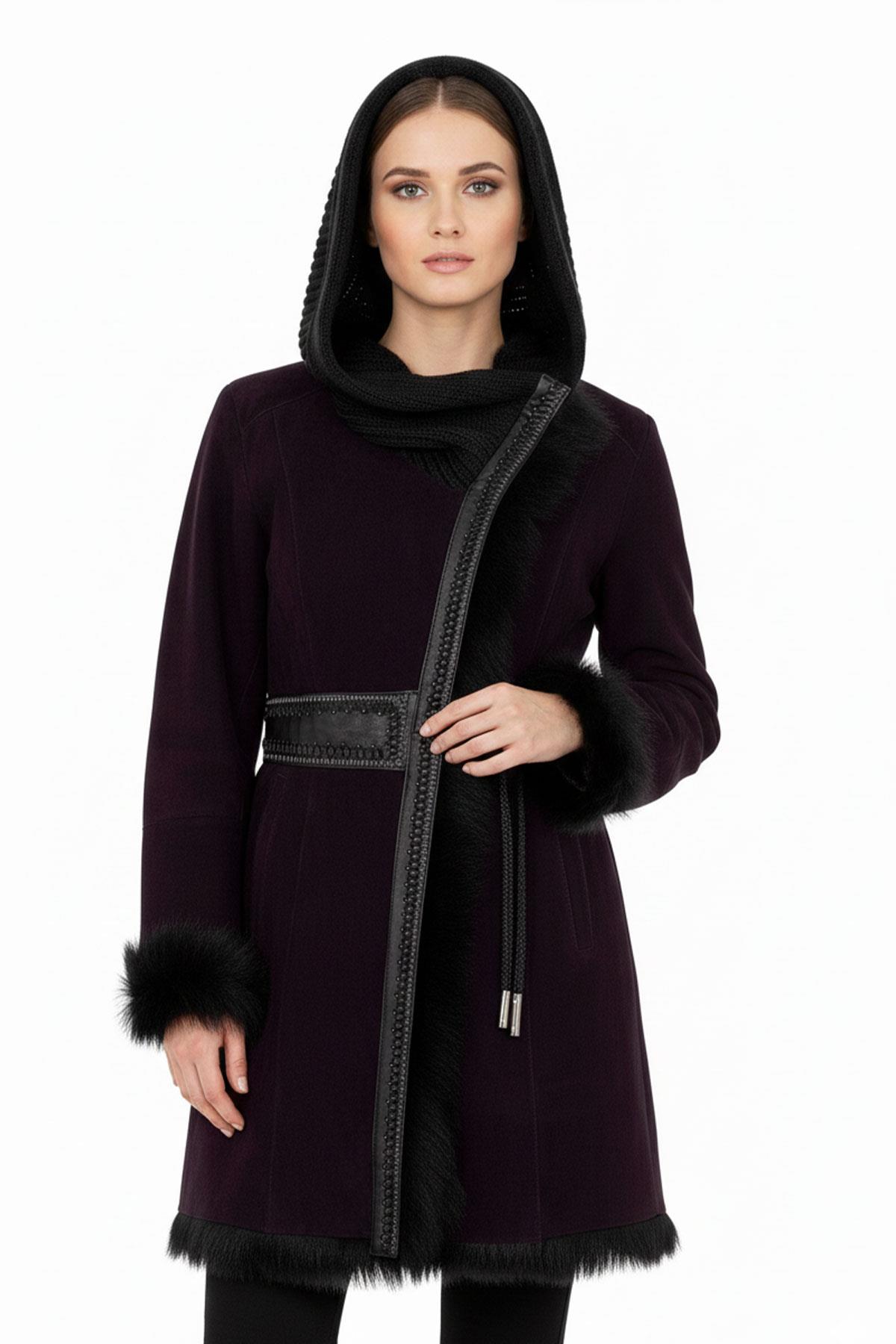 Mürdüm Seline Triko Kapüonlu Hakiki Deri Kürk Kaban