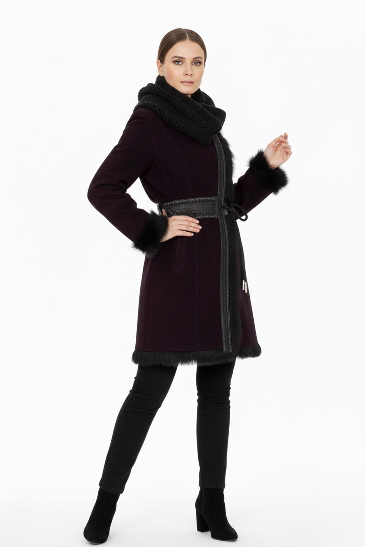 Mürdüm Seline Triko Kapüonlu Hakiki Deri Kürk Kaban