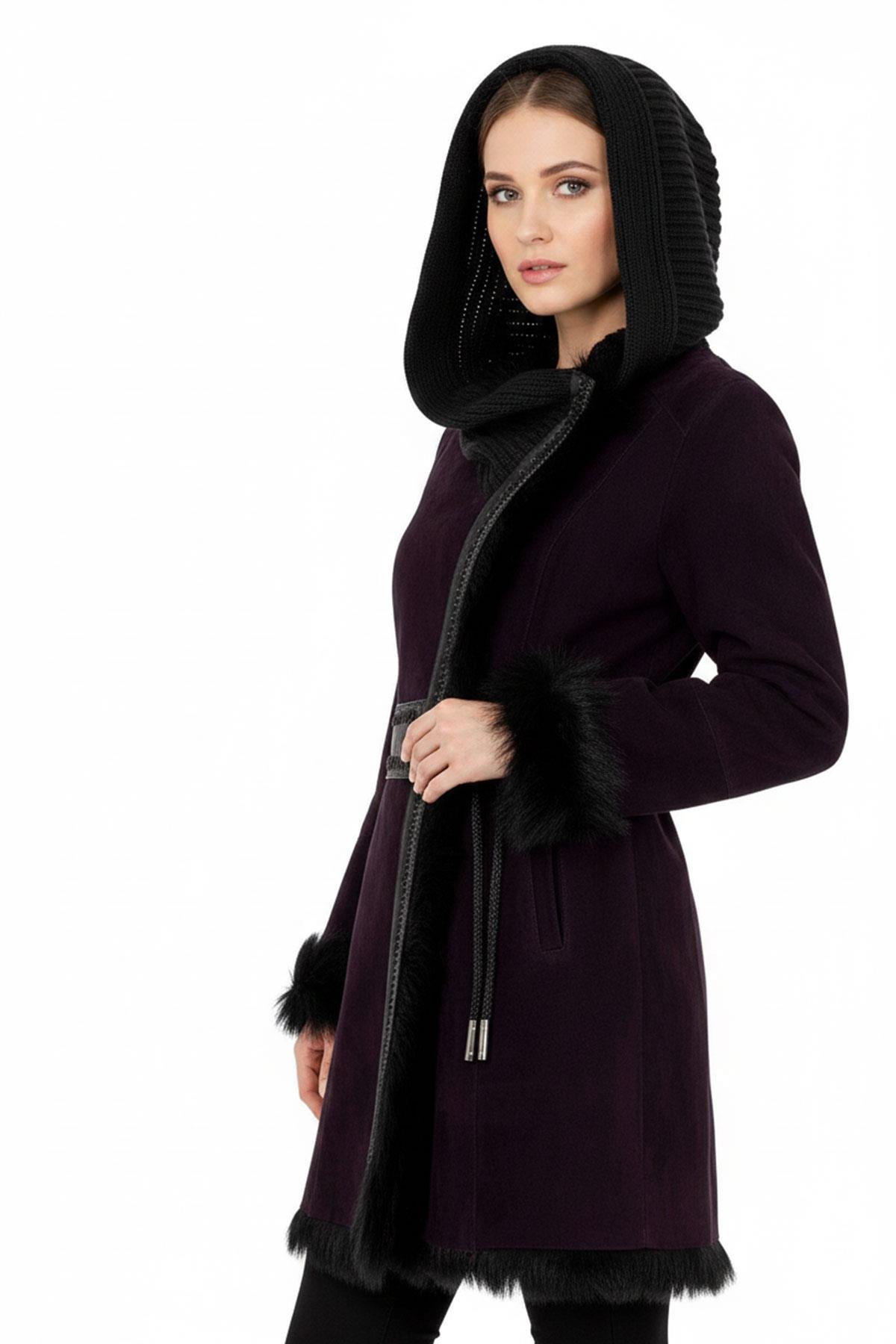 Mürdüm Seline Triko Kapüonlu Hakiki Deri Kürk Kaban