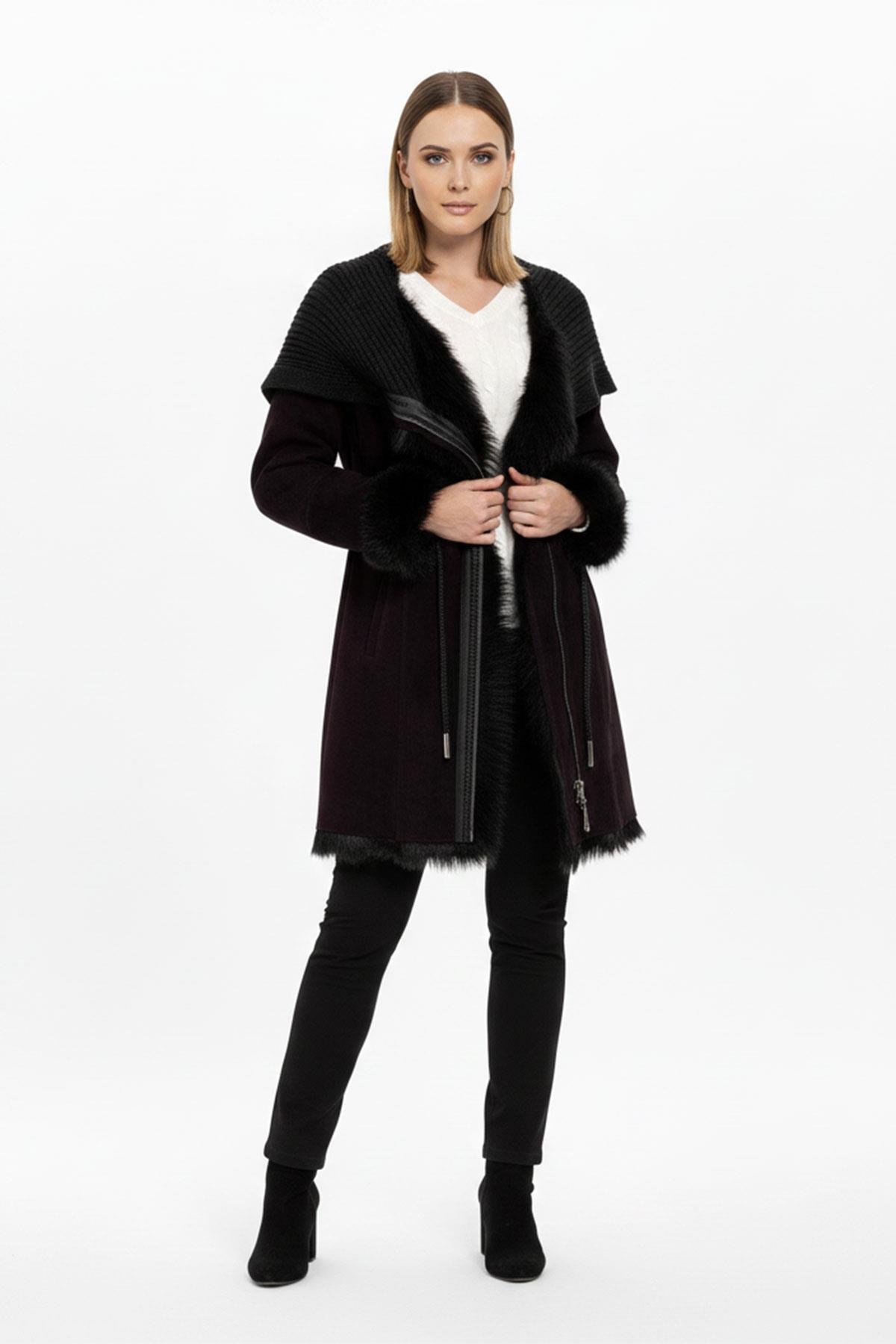 Mürdüm Seline Triko Kapüonlu Hakiki Deri Kürk Kaban