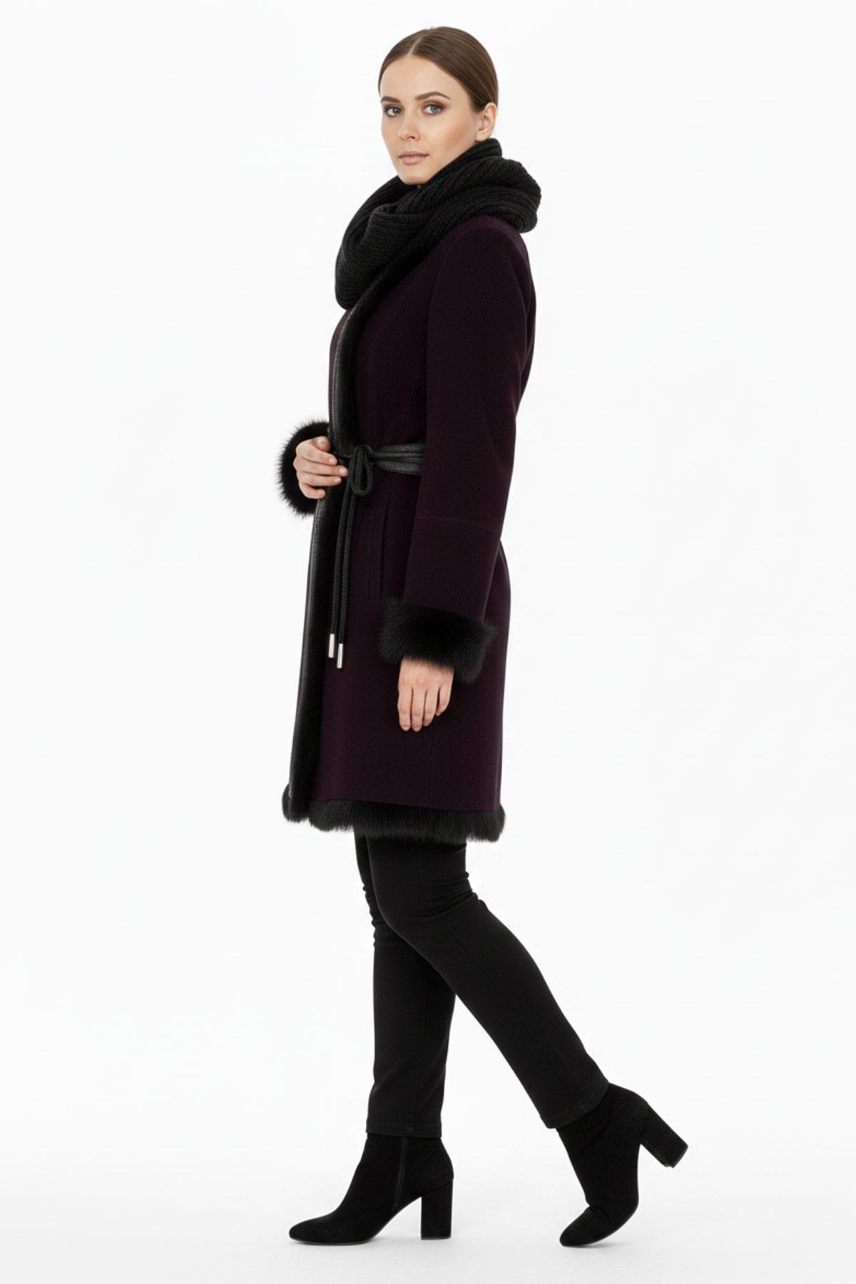 Mürdüm Seline Triko Kapüonlu Hakiki Deri Kürk Kaban