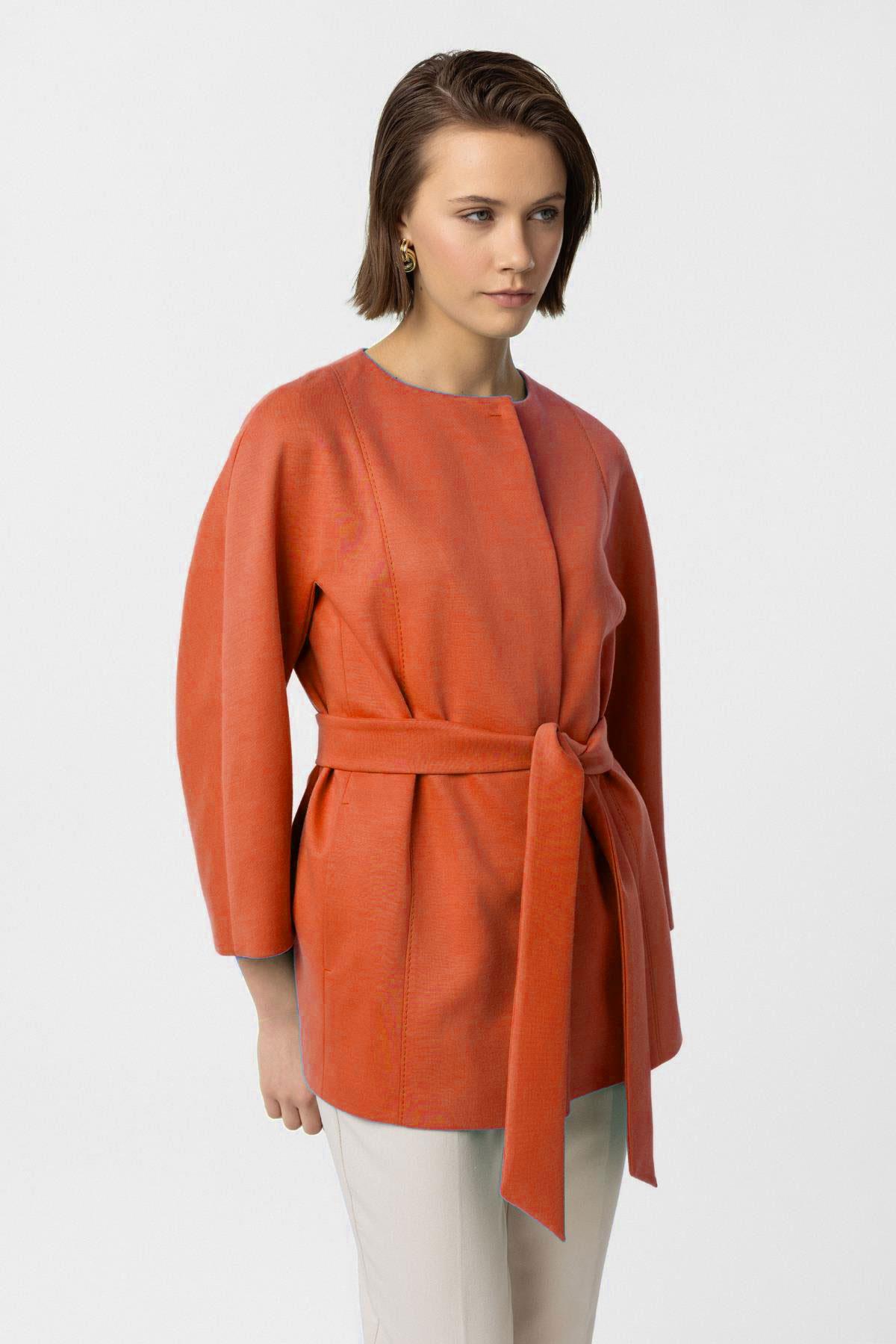 Nar Çiçeği Jadira Çıt Çıt Kapamalı Kemerli Truvakar Kol Kumaş Kaban