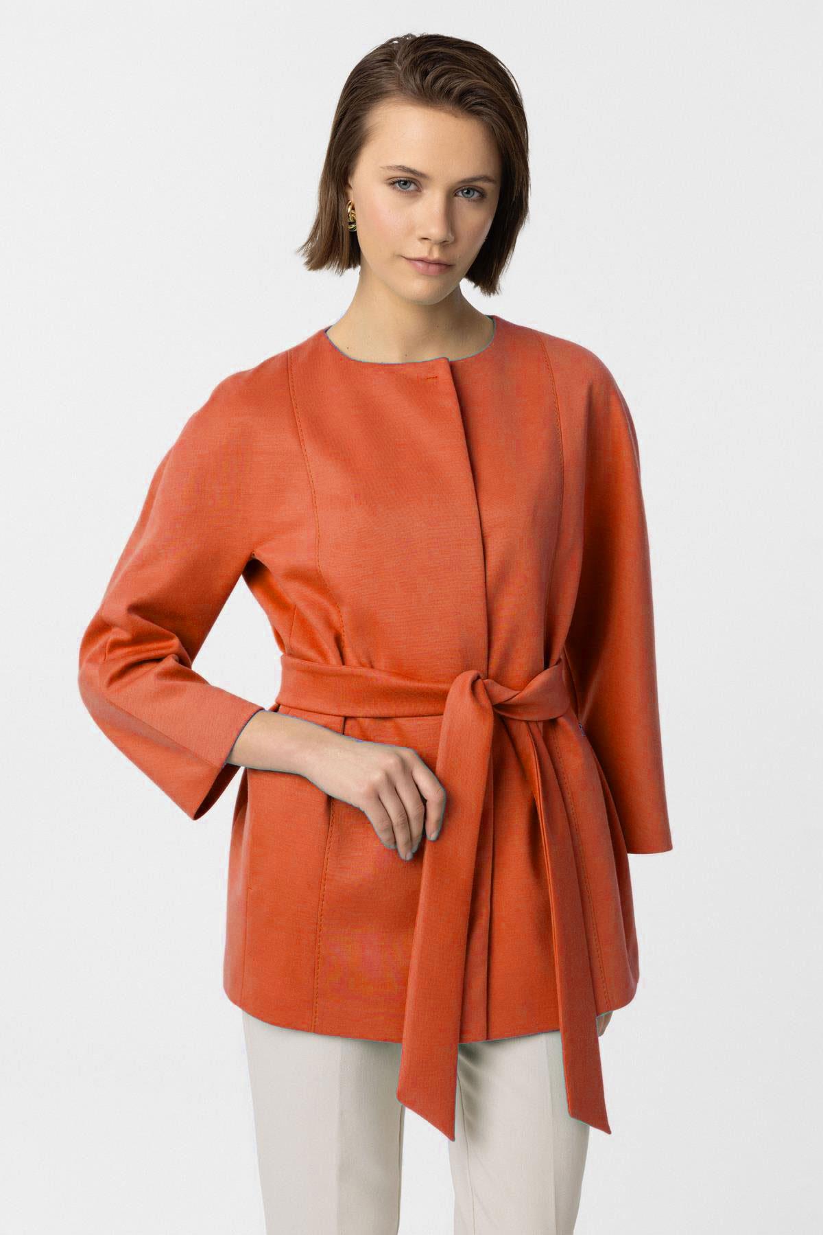 Nar Çiçeği Jadira Çıt Çıt Kapamalı Kemerli Truvakar Kol Kumaş Kaban