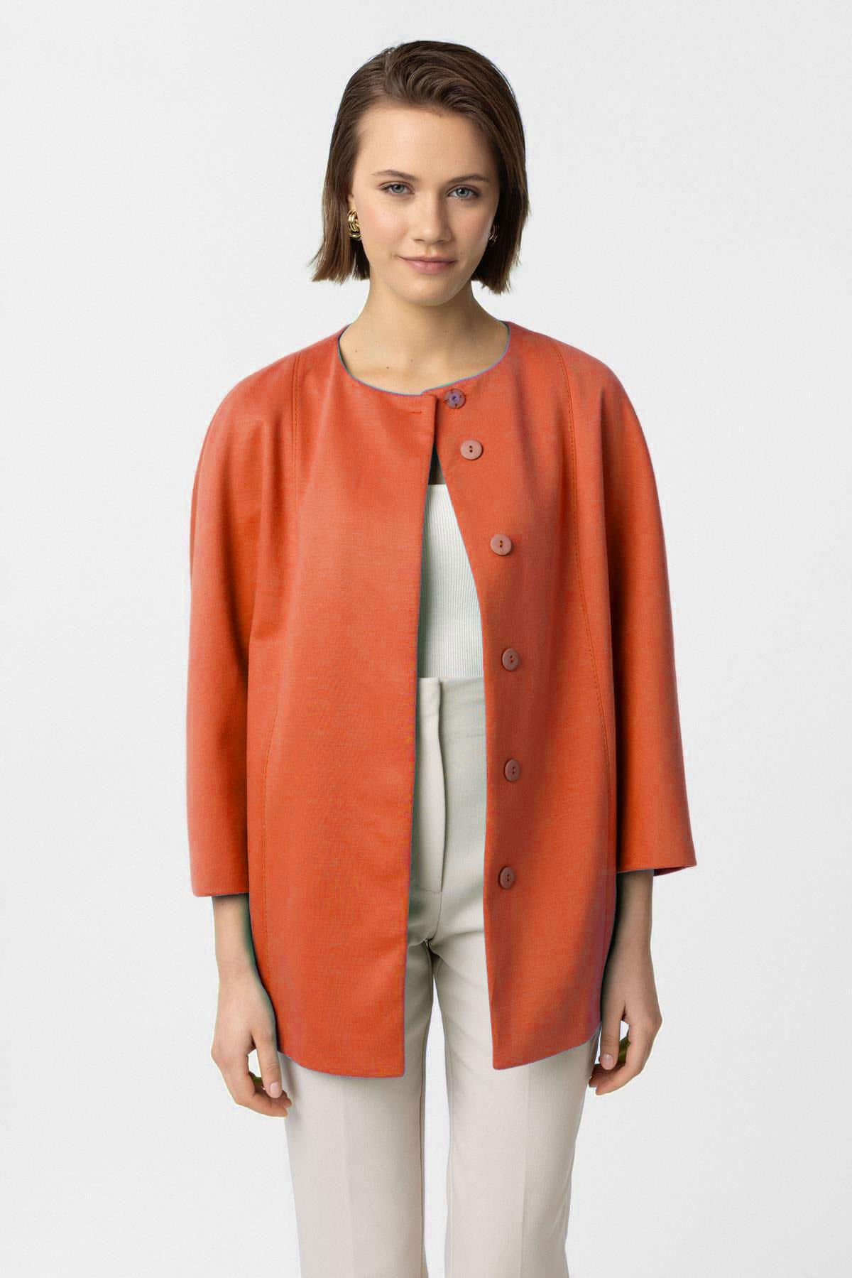 Nar Çiçeği Jadira Çıt Çıt Kapamalı Kemerli Truvakar Kol Kumaş Kaban