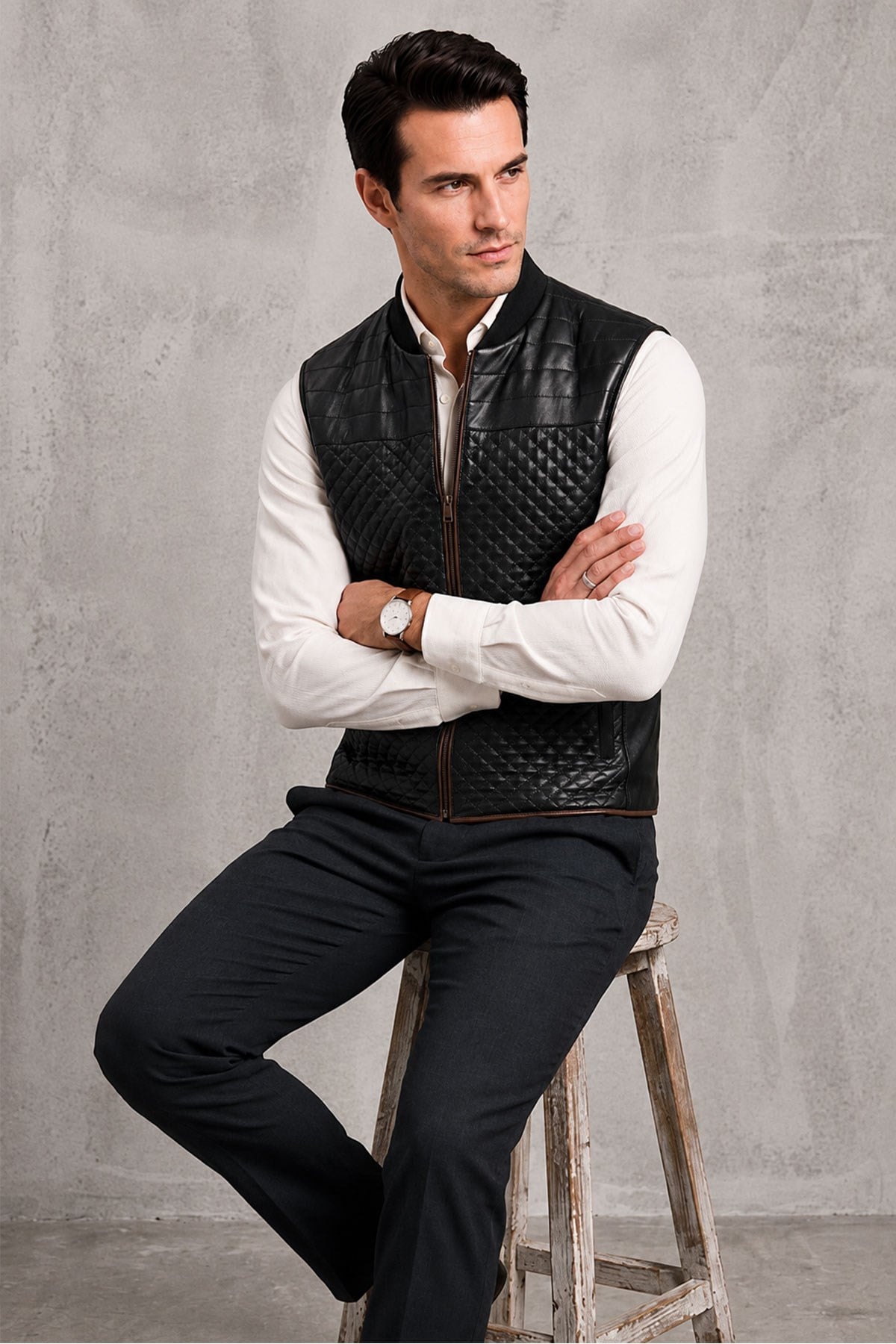Nigel Black Zipper MenS Leather Vest