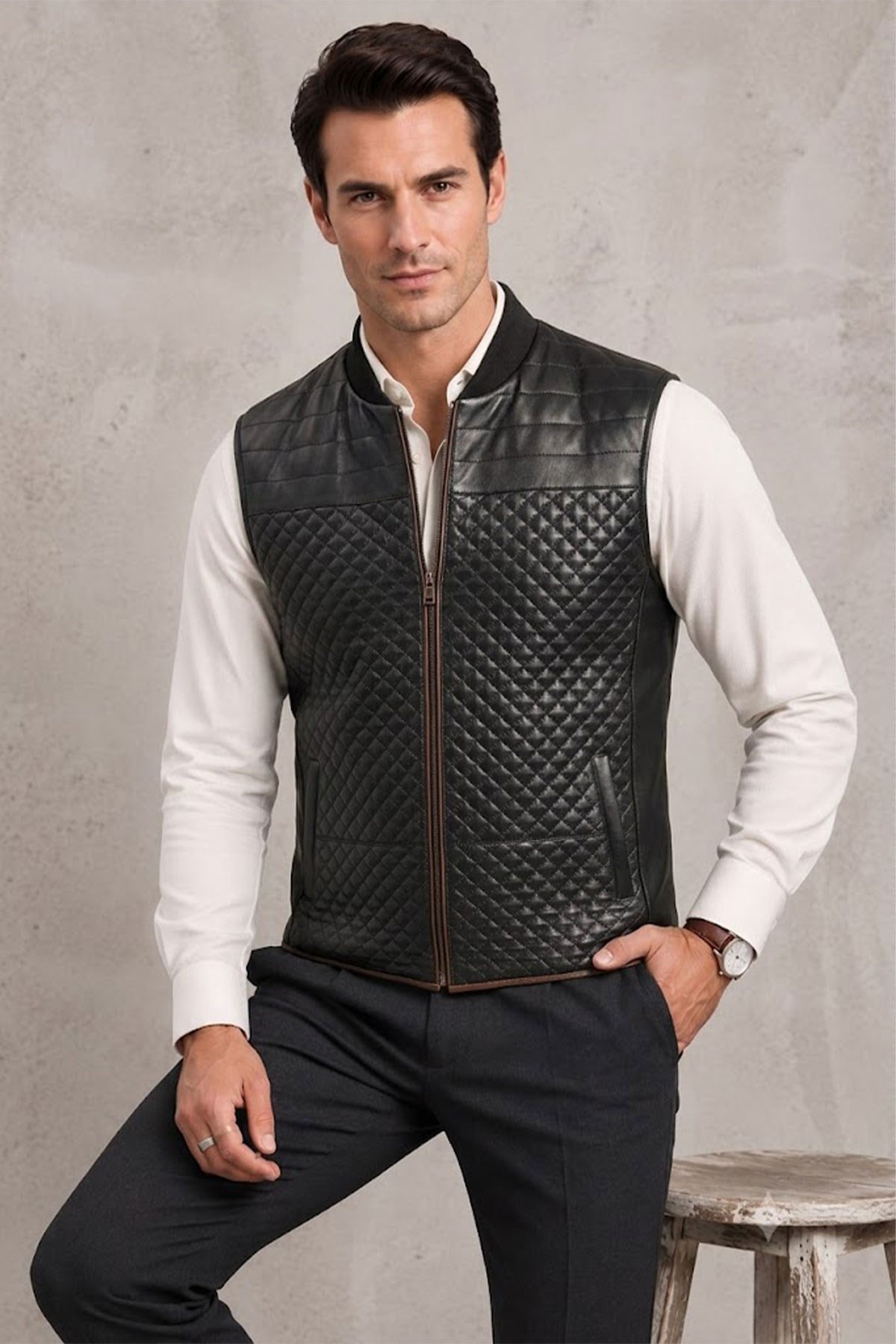 Nigel Black Zipper MenS Leather Vest