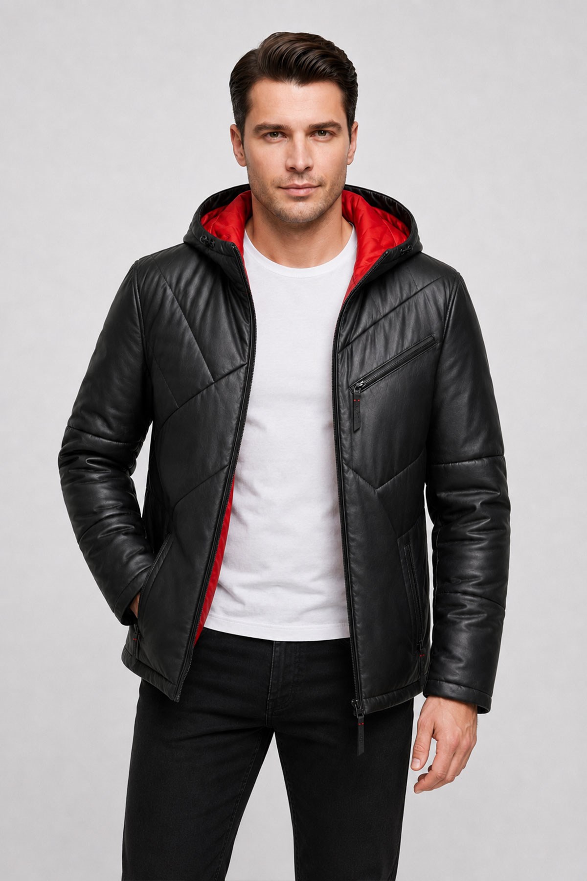 Nova Siyah Kapüşonlu Erkek Hakiki Deri Şişme Mont