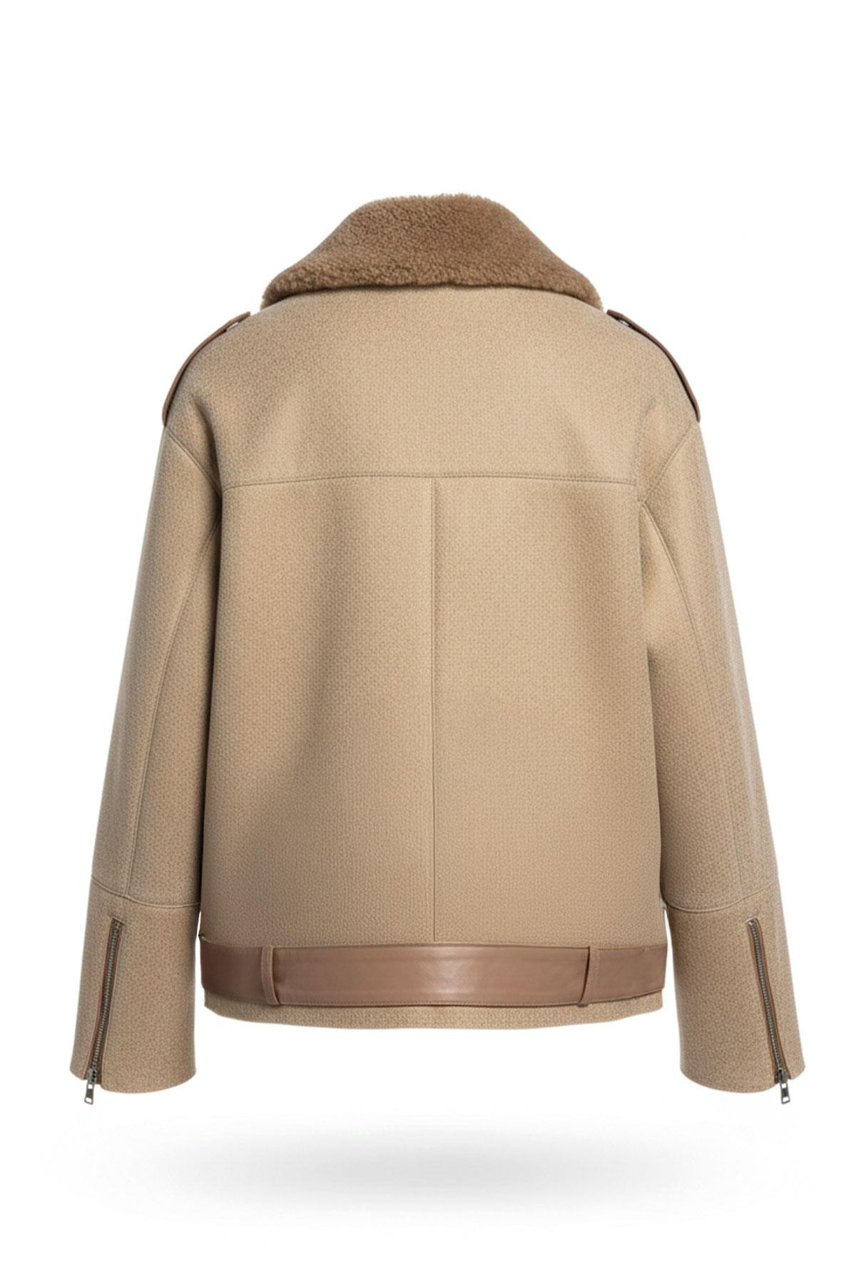 Oslo Bej Hakiki Kuzu Kürkü Fermuarlı Biker Kadın Kaban