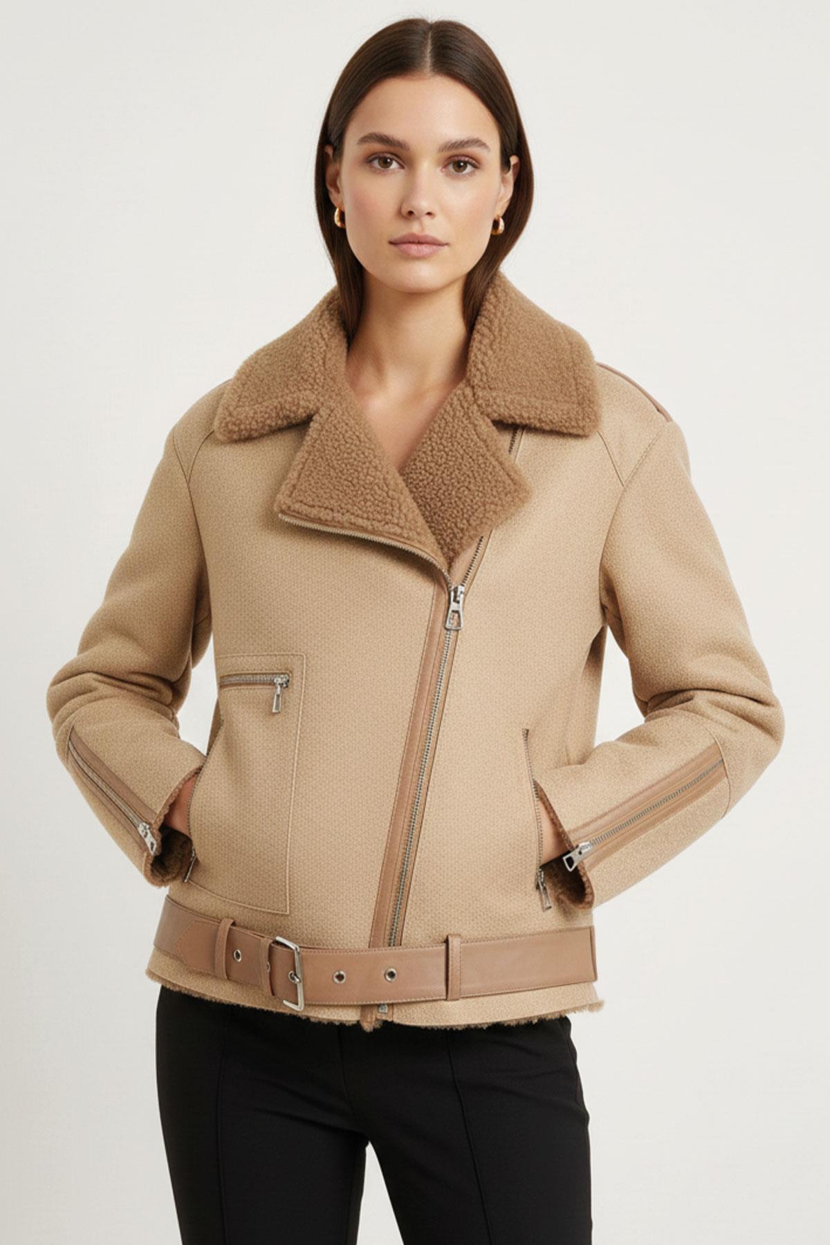 Oslo Bej Hakiki Kuzu Kürkü Fermuarlı Biker Kadın Kaban