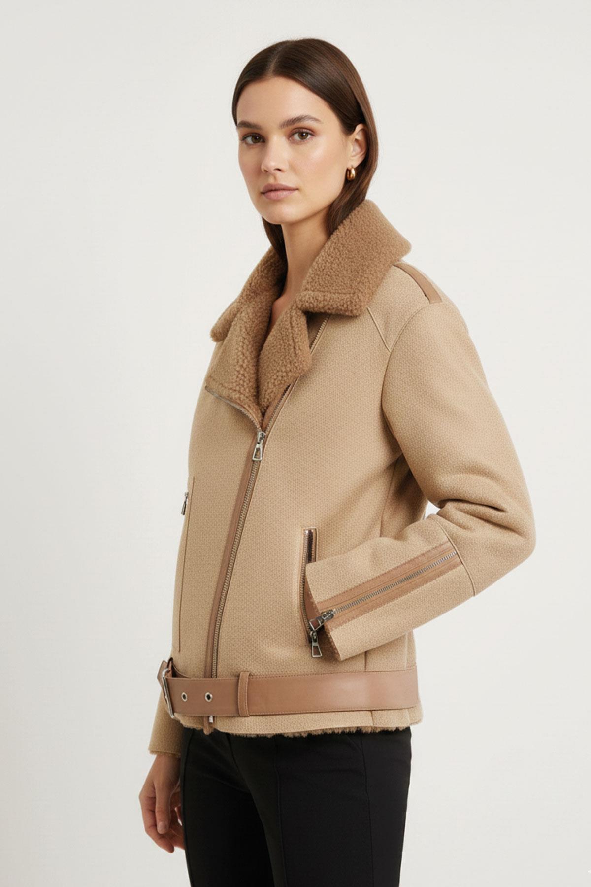 Oslo Bej Hakiki Kuzu Kürkü Fermuarlı Biker Kadın Kaban