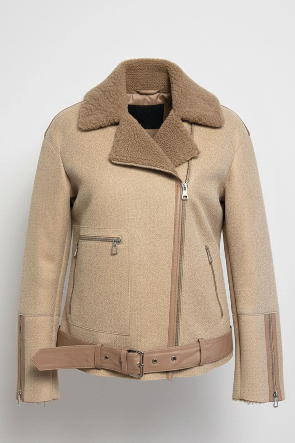 Oslo Bej Hakiki Kuzu Kürkü Fermuarlı Biker Kadın Kaban