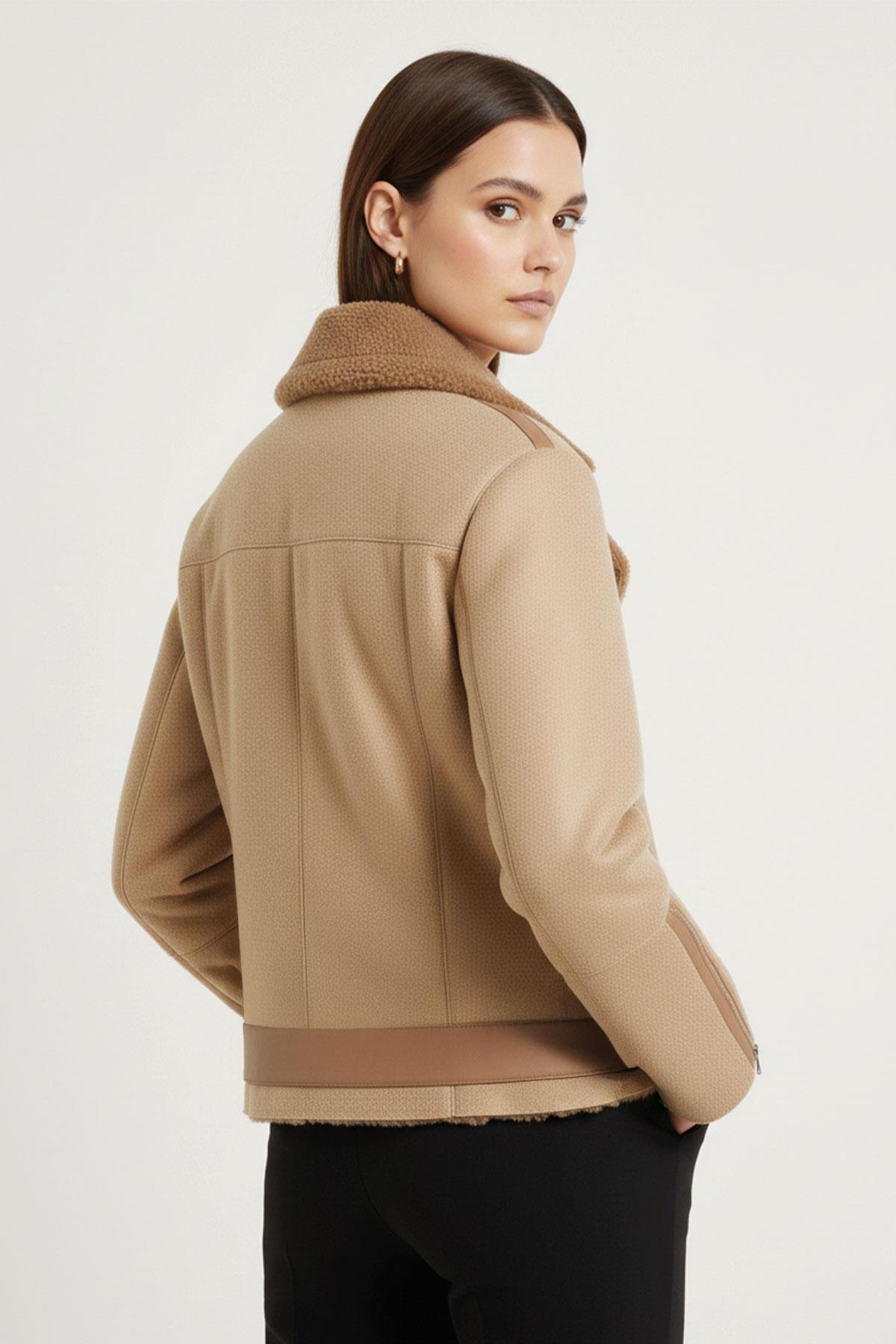 Oslo Bej Hakiki Kuzu Kürkü Fermuarlı Biker Kadın Kaban