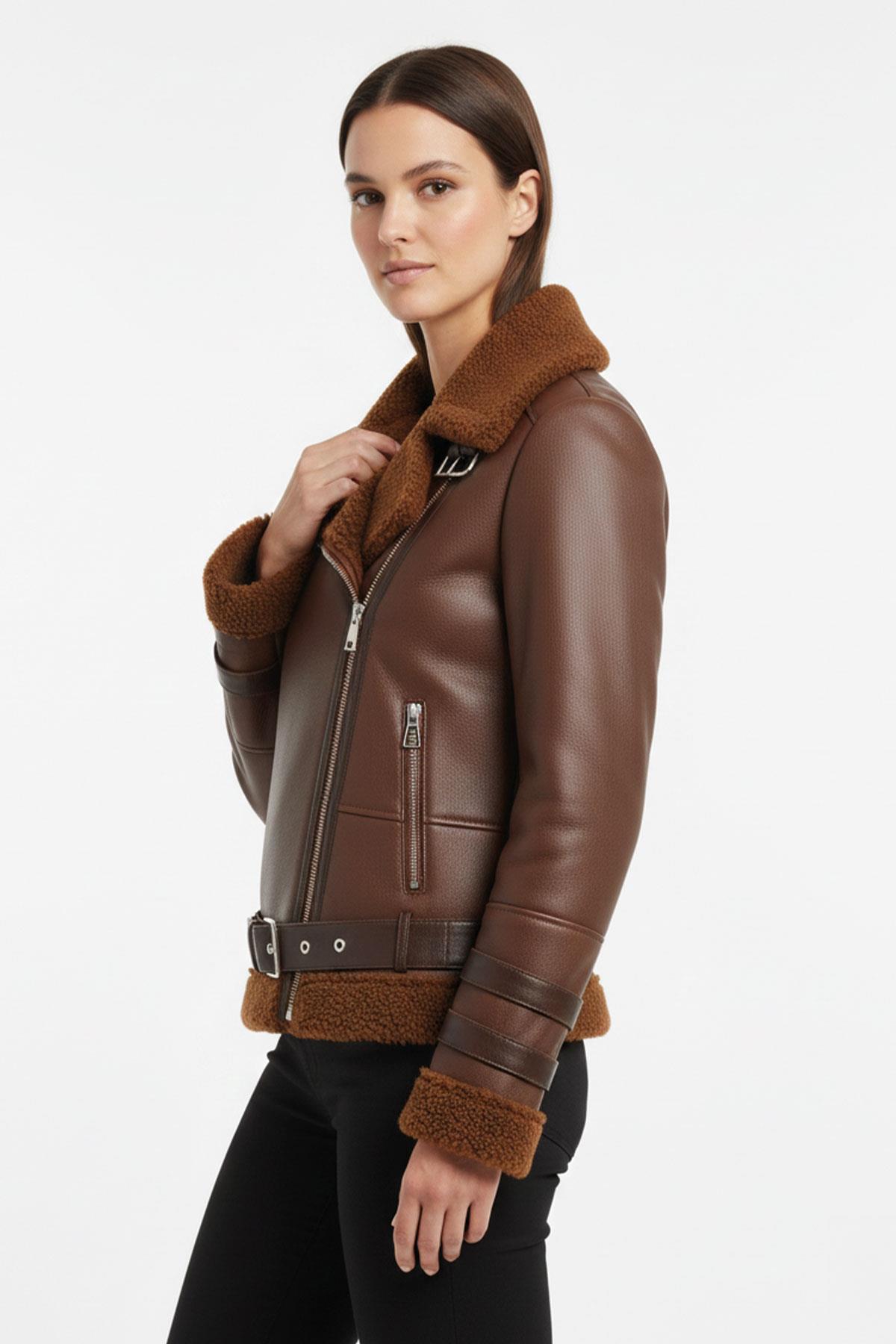 Oslo Taba Hakiki Kuzu Kürkü Fermuarlı Biker Kadın Kaban