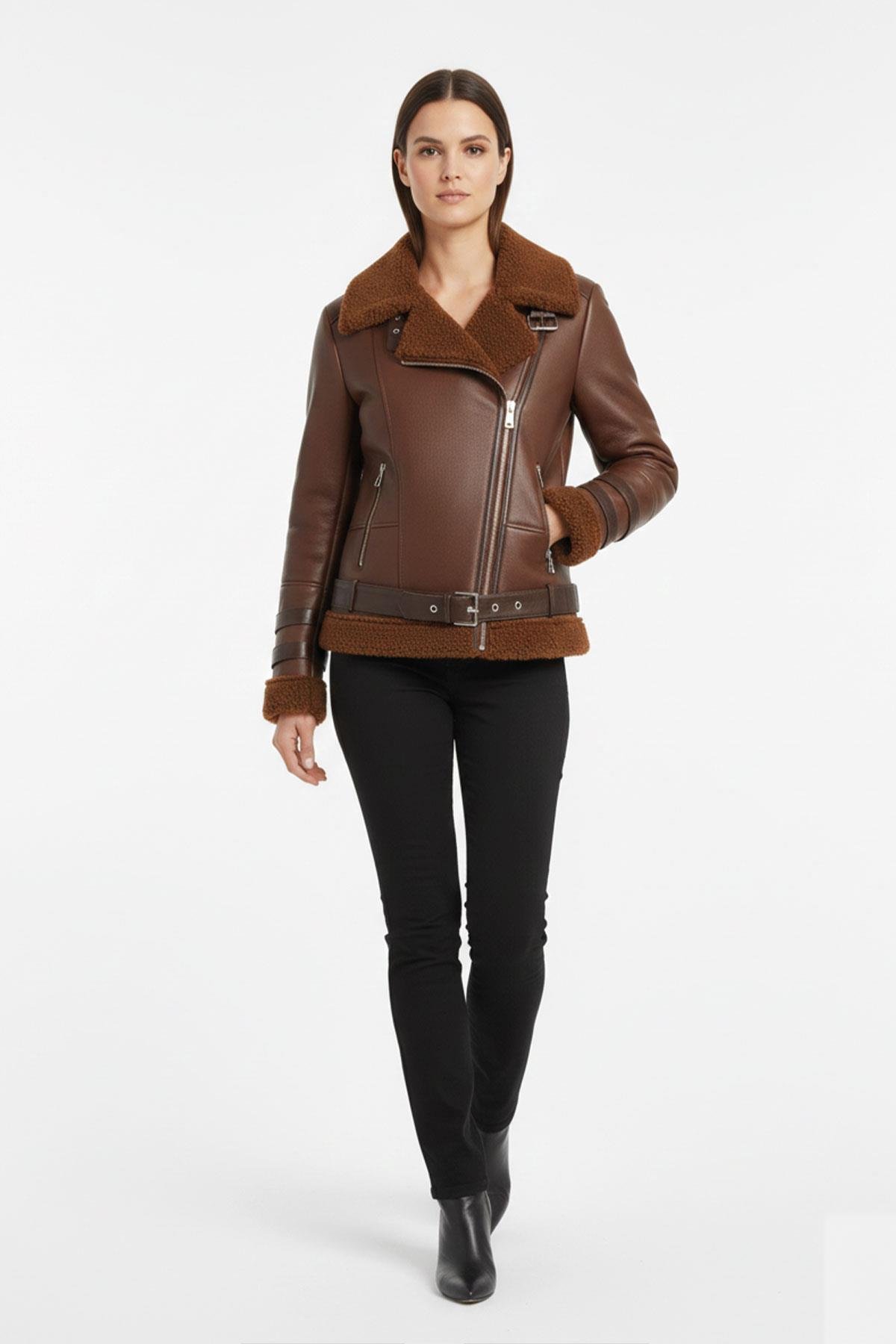 Oslo Taba Hakiki Kuzu Kürkü Fermuarlı Biker Kadın Kaban