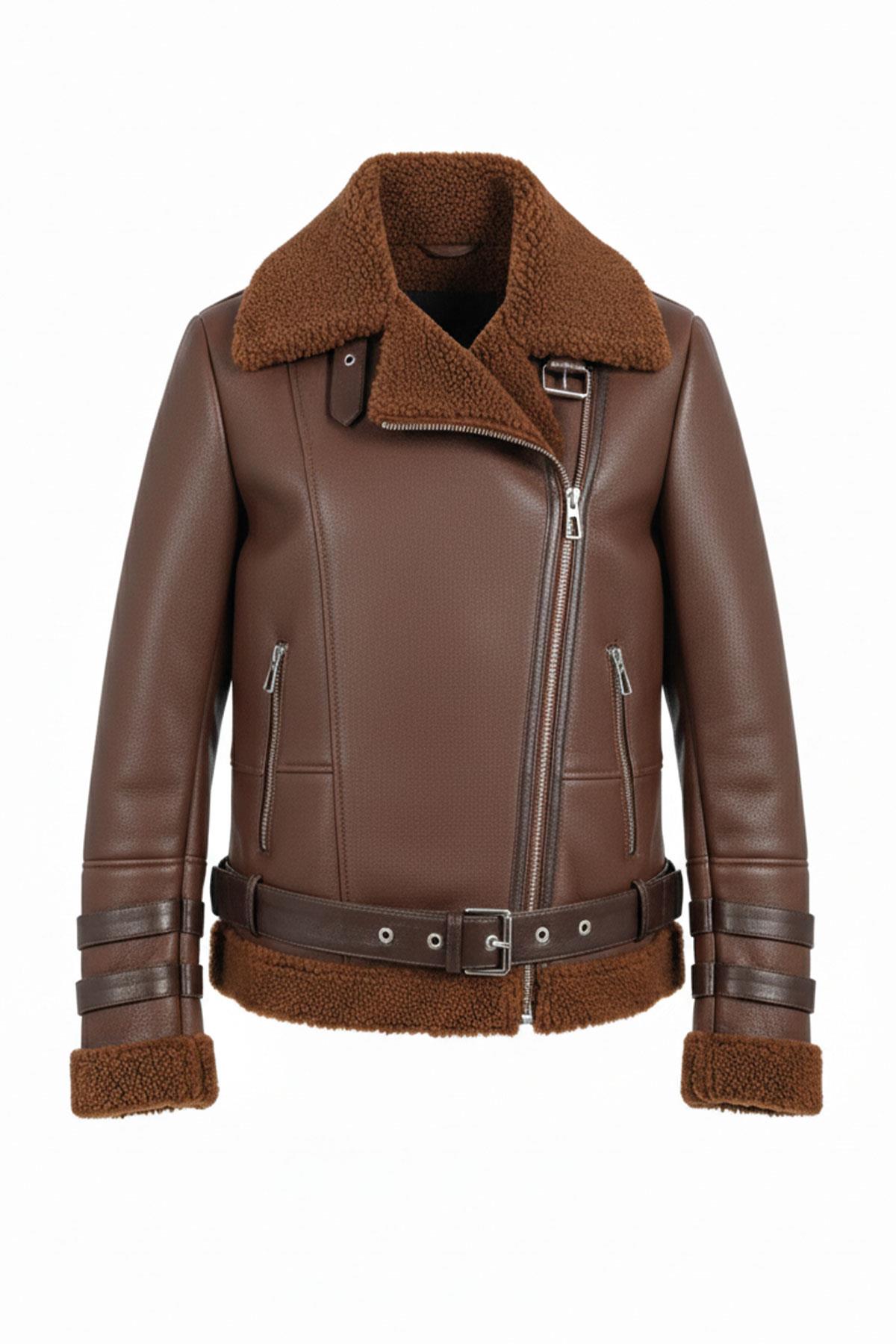Oslo Taba Hakiki Kuzu Kürkü Fermuarlı Biker Kadın Kaban