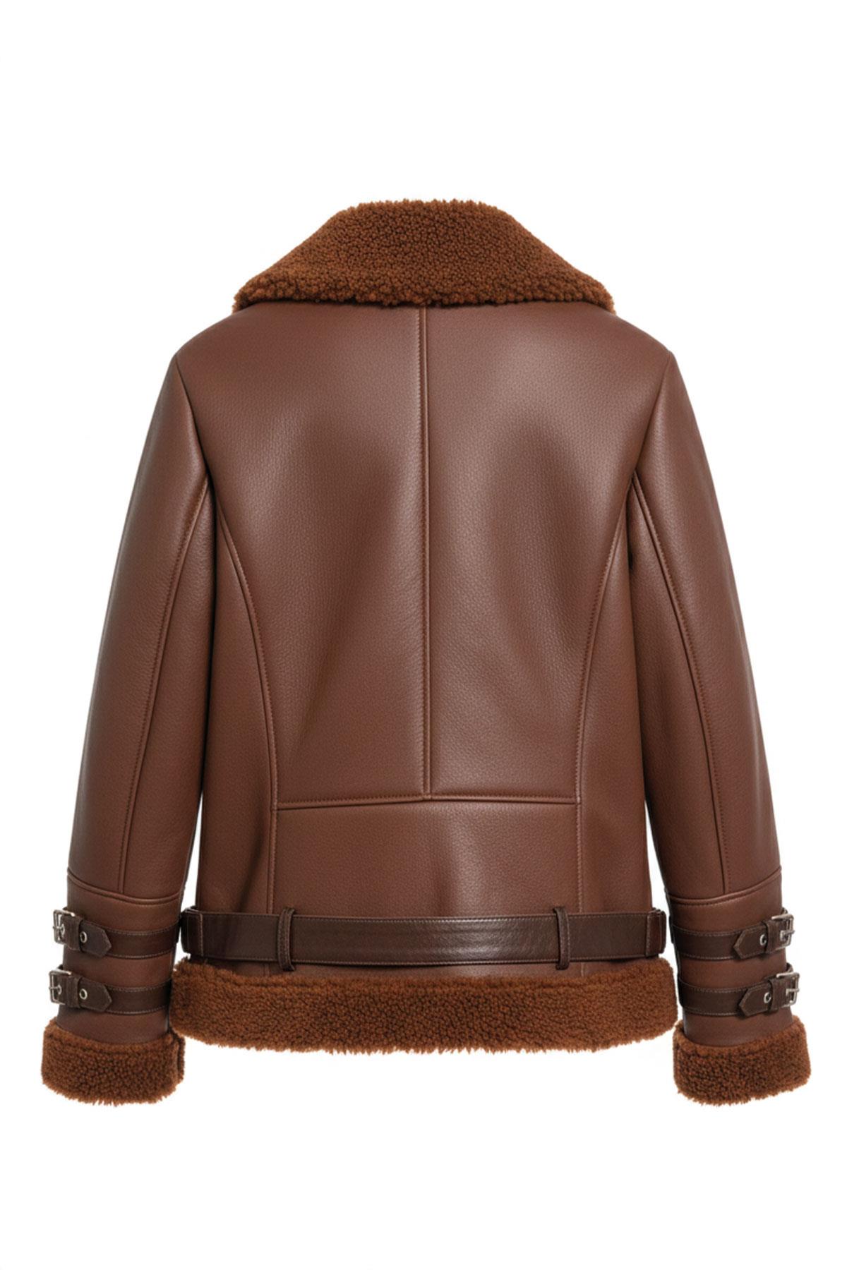 Oslo Taba Hakiki Kuzu Kürkü Fermuarlı Biker Kadın Kaban