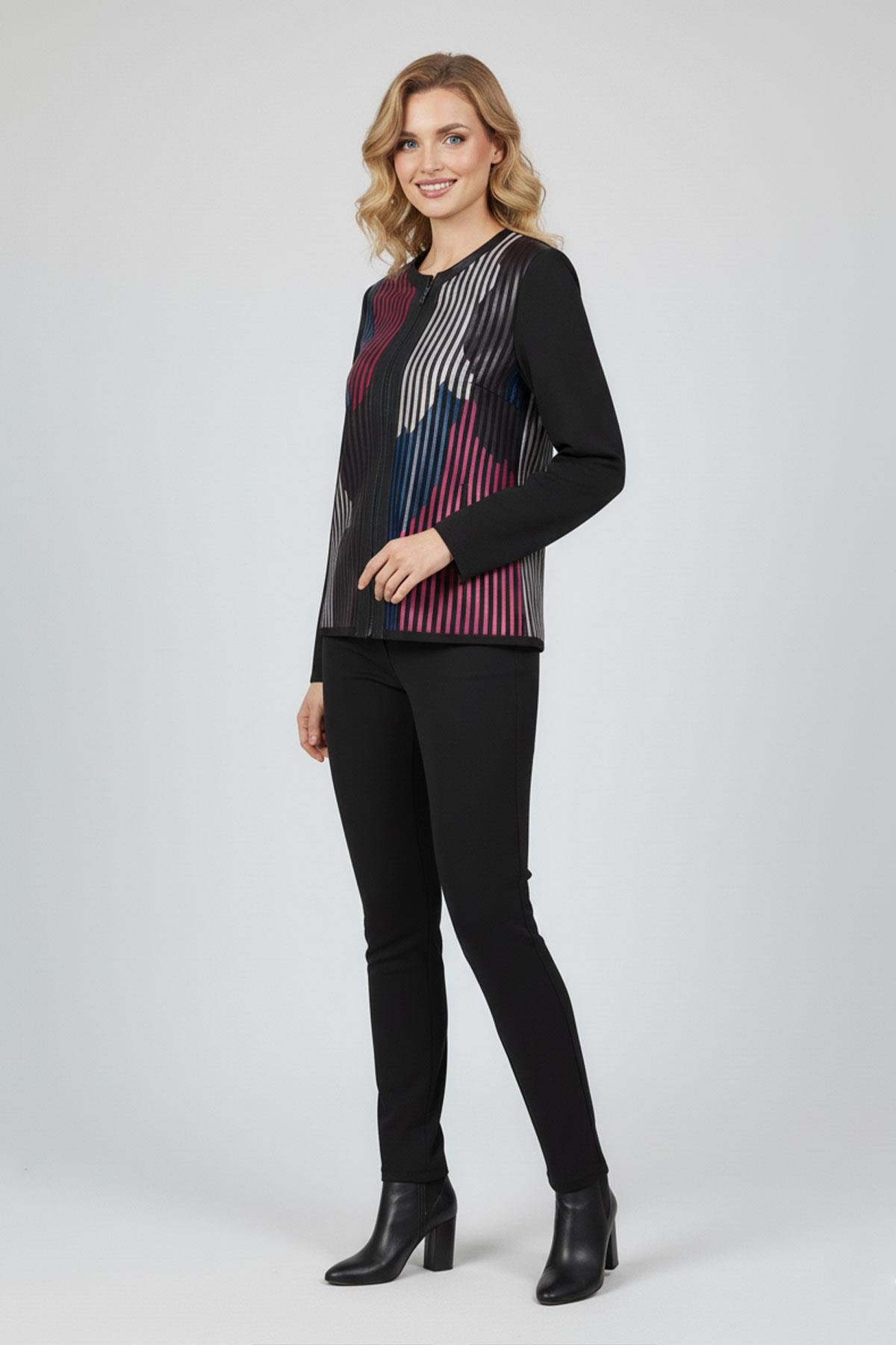 Pembe Beyaz Mavi Lona Tül Üzerine Çizgili Deri Baskılı Kadın Hakiki Deri Ceket