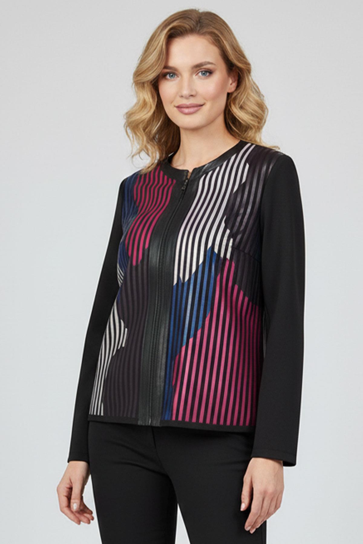 Pembe Beyaz Mavi Lona Tül Üzerine Çizgili Deri Baskılı Kadın Hakiki Deri Ceket