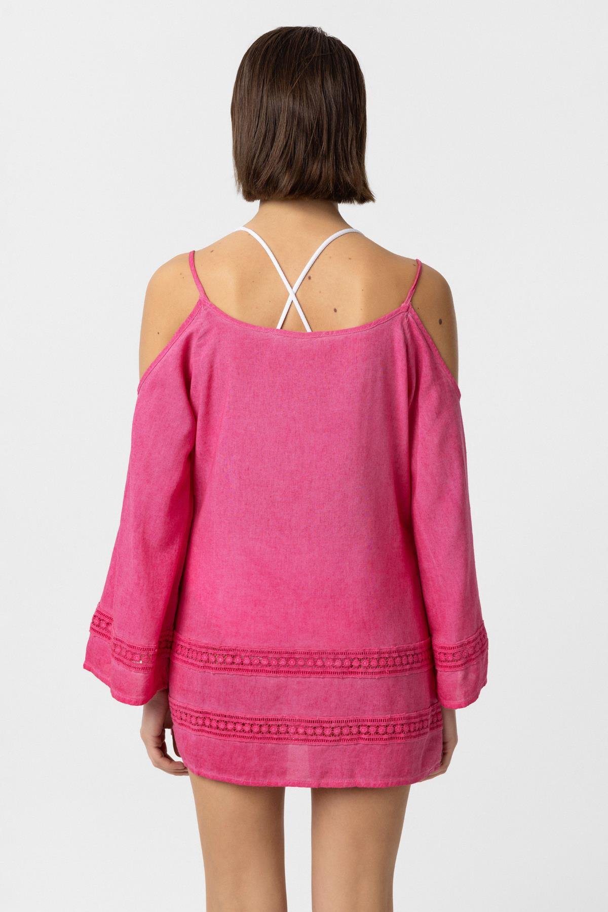 Pembe İnce Askılı Dantel Detaylı Truvakar Kol Pamuklu Gömlek