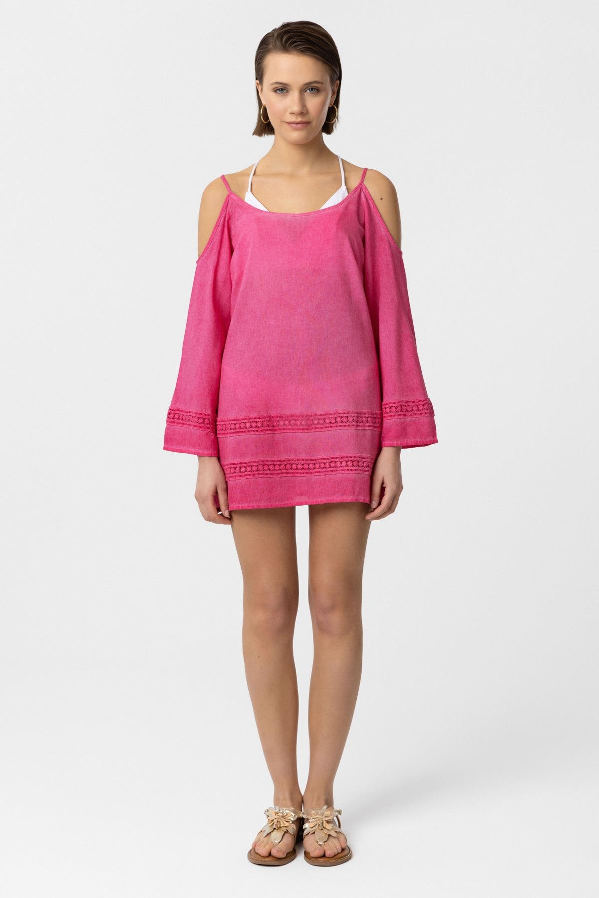 Pembe İnce Askılı Dantel Detaylı Truvakar Kol Pamuklu Gömlek