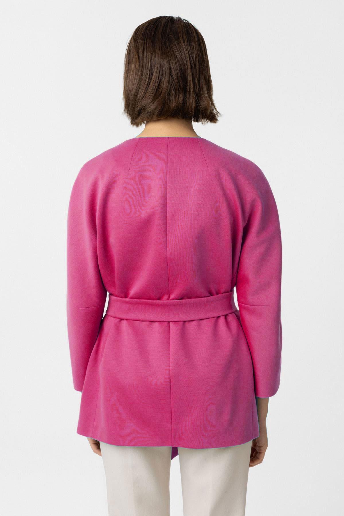 Pembe Jadira Çıt Çıt Kapamalı Kemerli Truvakar Kol Kumaş Kaban