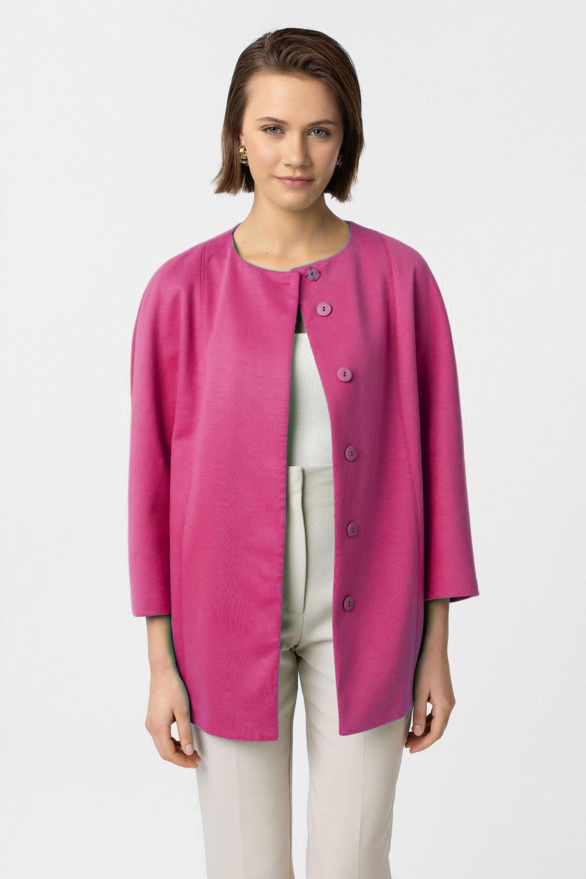 Pembe Jadira Çıt Çıt Kapamalı Kemerli Truvakar Kol Kumaş Kaban