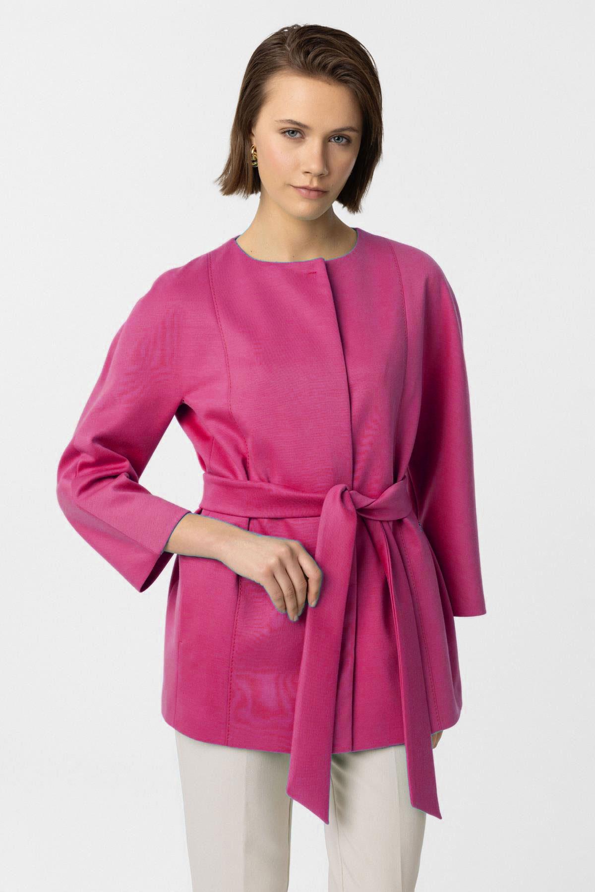 Pembe Jadira Çıt Çıt Kapamalı Kemerli Truvakar Kol Kumaş Kaban