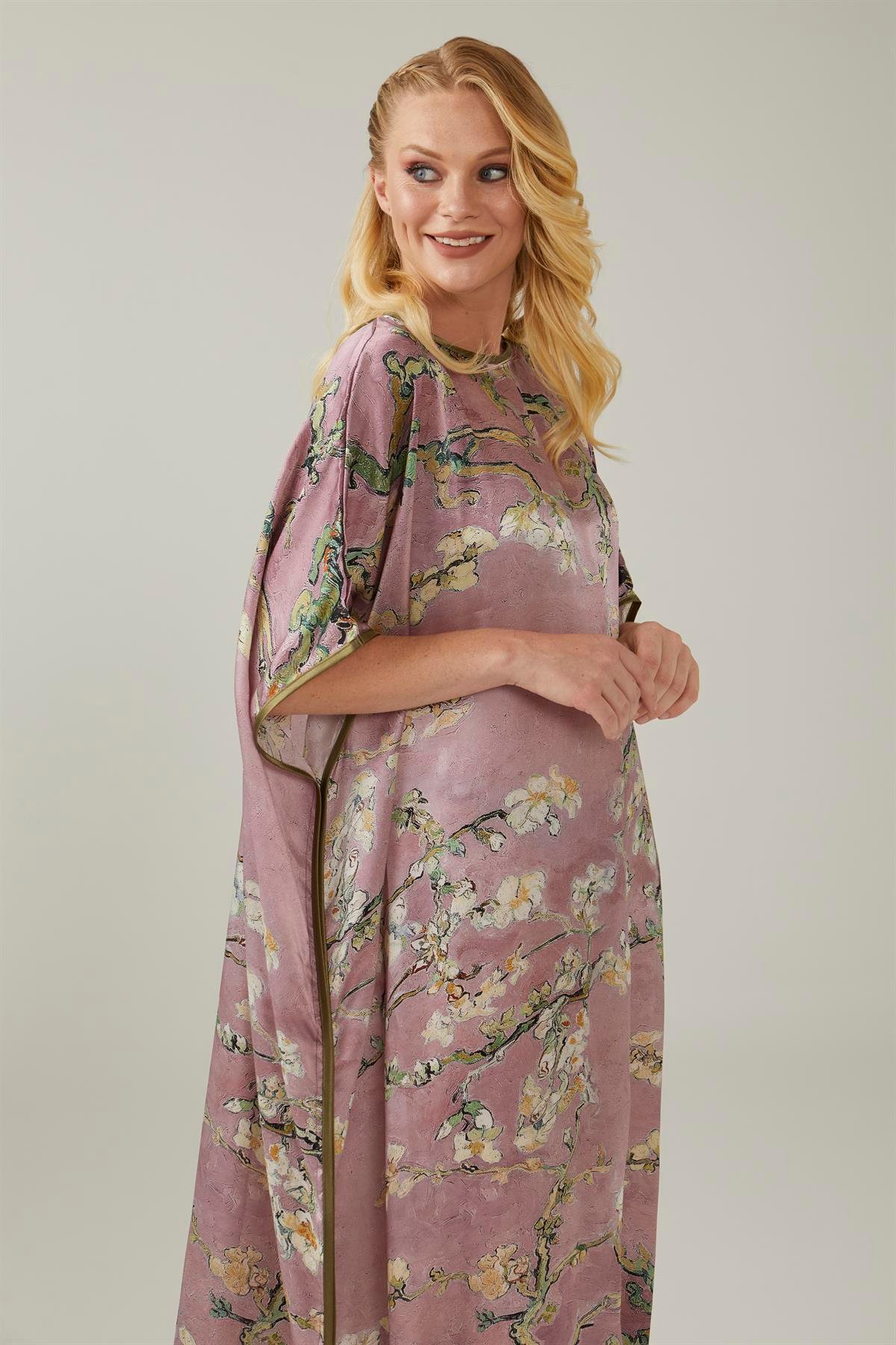 Pembe Van Gogh Almond Blossoms Desenli İpek Elbise