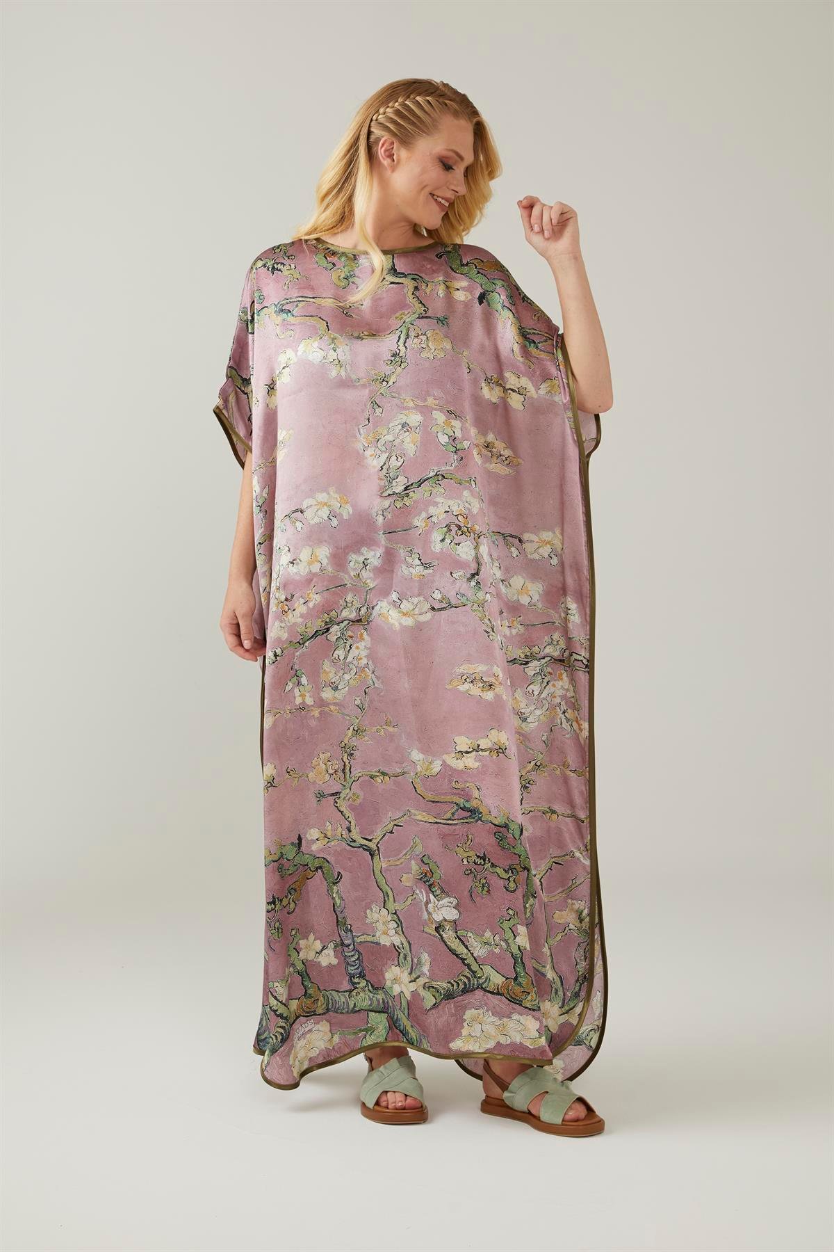 Pembe Van Gogh Almond Blossoms Desenli İpek Elbise