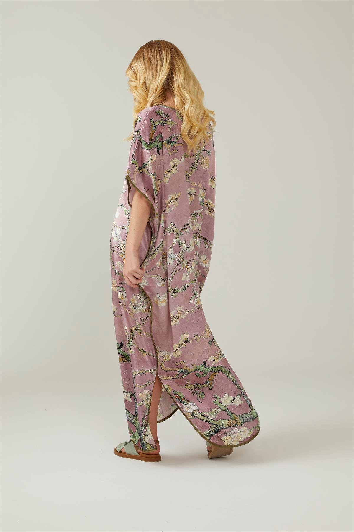 Pembe Van Gogh Almond Blossoms Desenli İpek Elbise