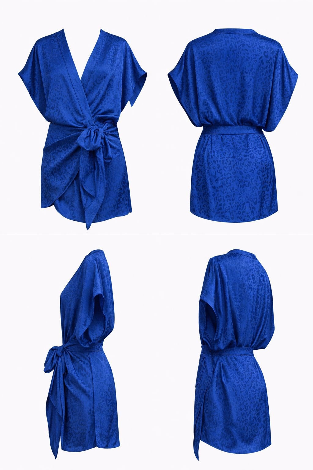 Saks Mavi Desenli Kimono Kollu Belden Bağlamalı Mini Boy Standart Beden Elbise