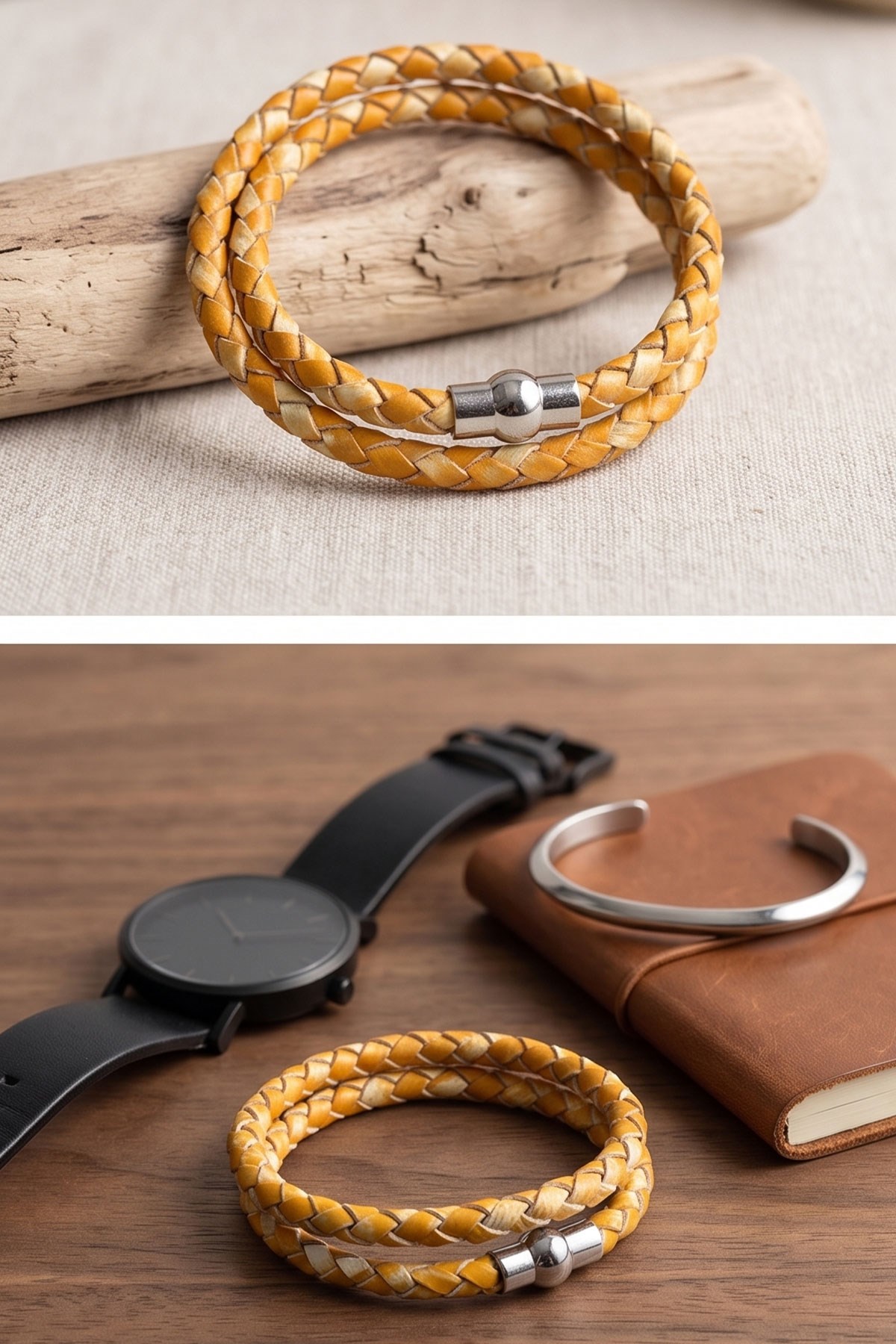 Yellow White Knitted Leather Bracelet