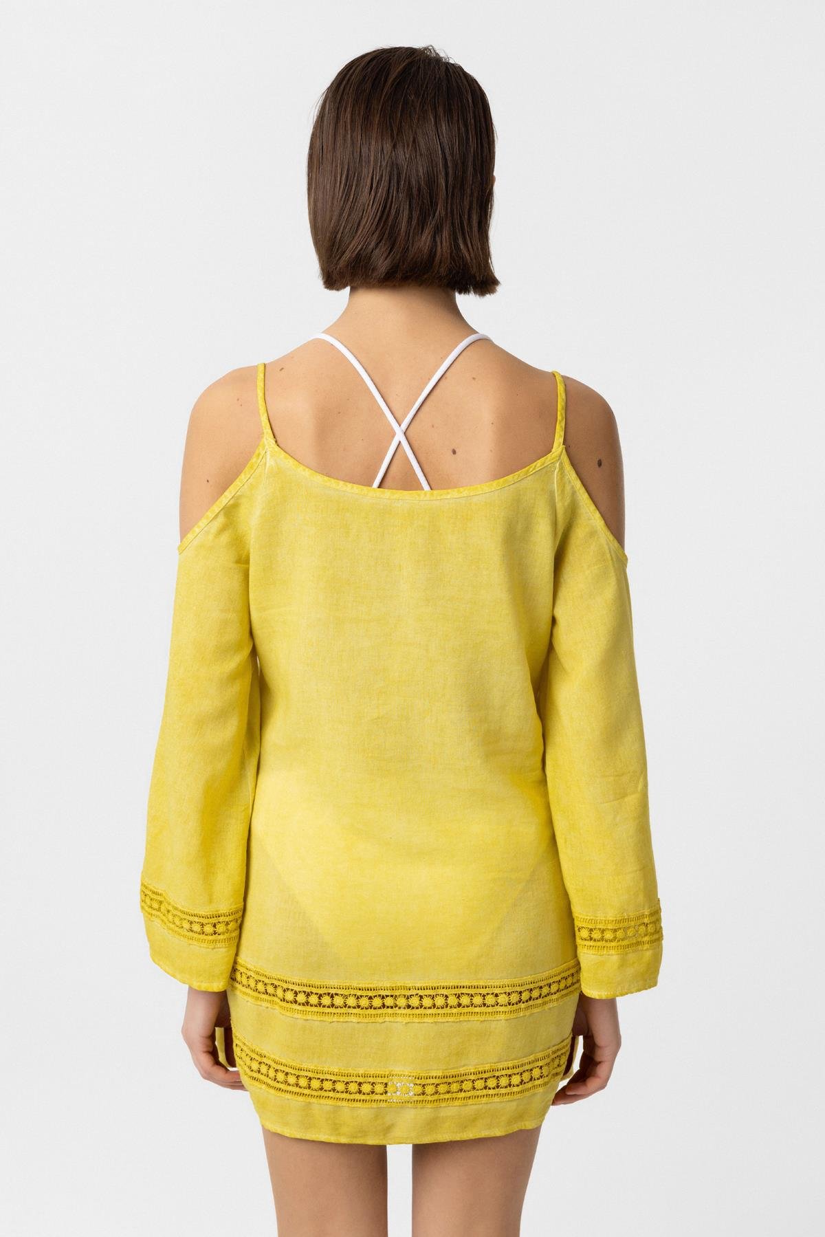 Sarı İnce Askılı Dantel Detaylı Truvakar Kol Pamuklu Gömlek