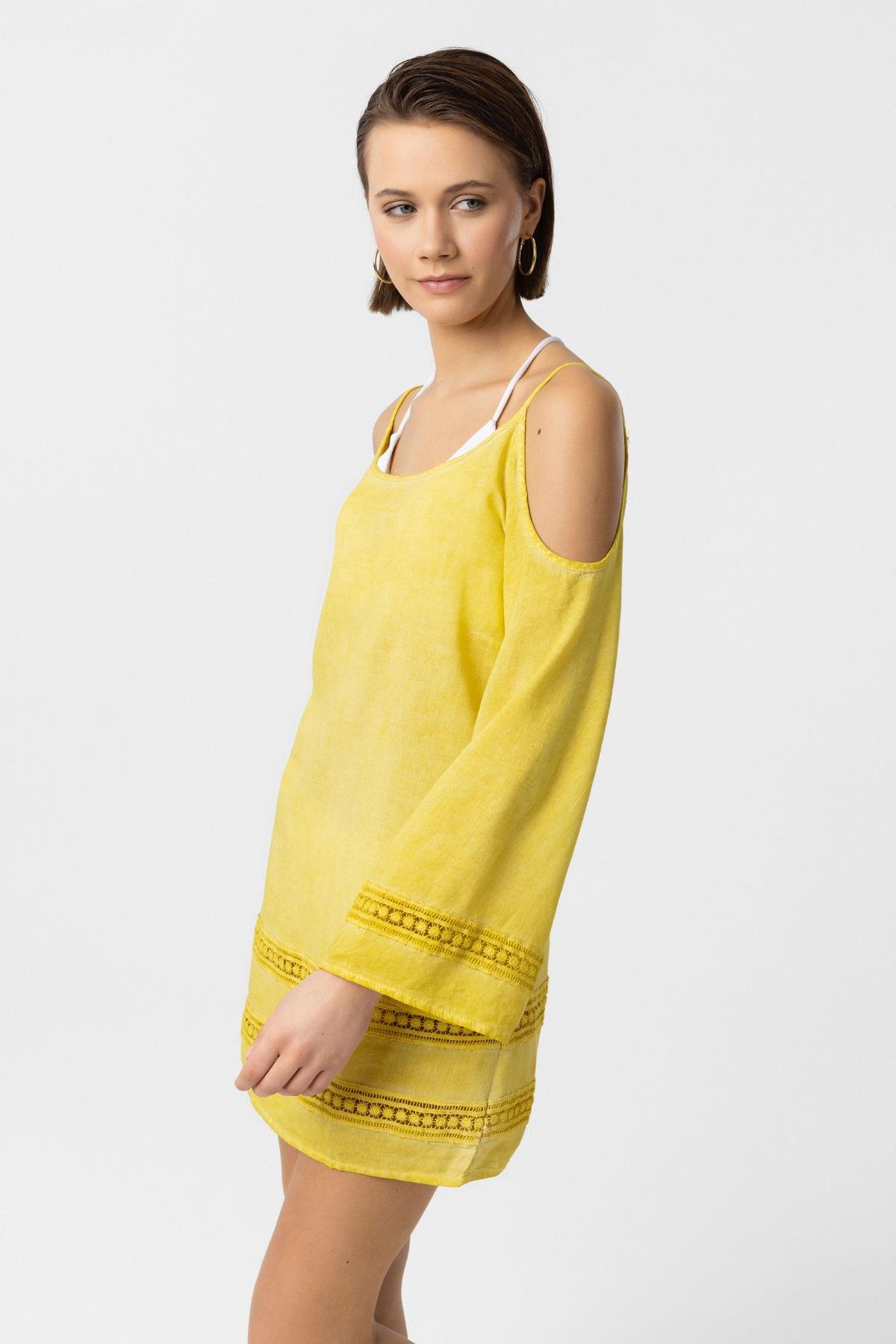 Sarı İnce Askılı Dantel Detaylı Truvakar Kol Pamuklu Gömlek