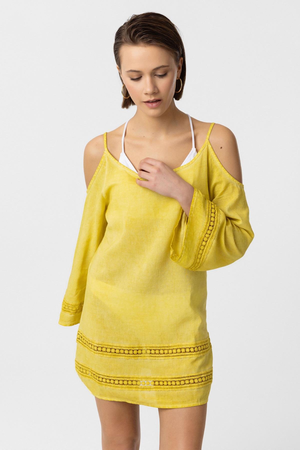 Sarı İnce Askılı Dantel Detaylı Truvakar Kol Pamuklu Gömlek