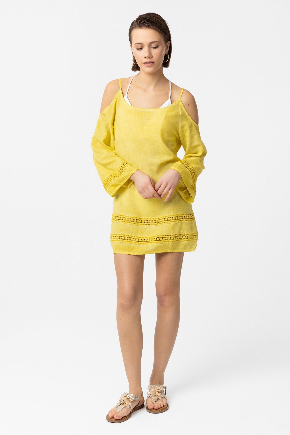 Sarı İnce Askılı Dantel Detaylı Truvakar Kol Pamuklu Gömlek