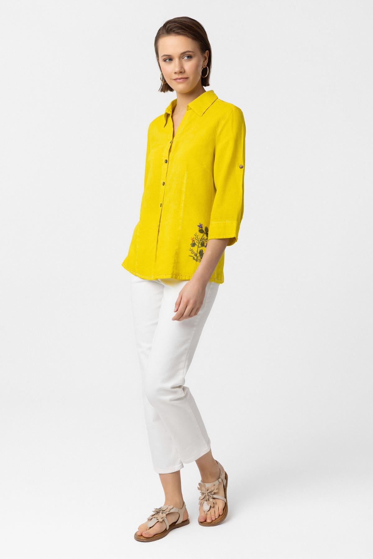 Sarı Şile Bezi İşlemeli Düğmeli Truvakar Kol Pamuklu Gömlek