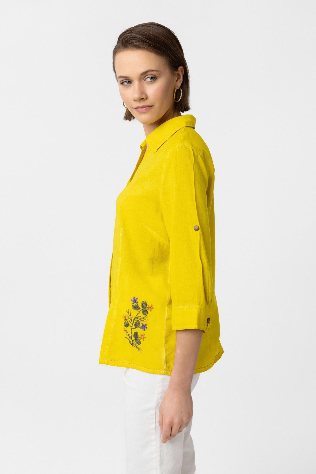 Sarı Şile Bezi İşlemeli Düğmeli Truvakar Kol Pamuklu Gömlek