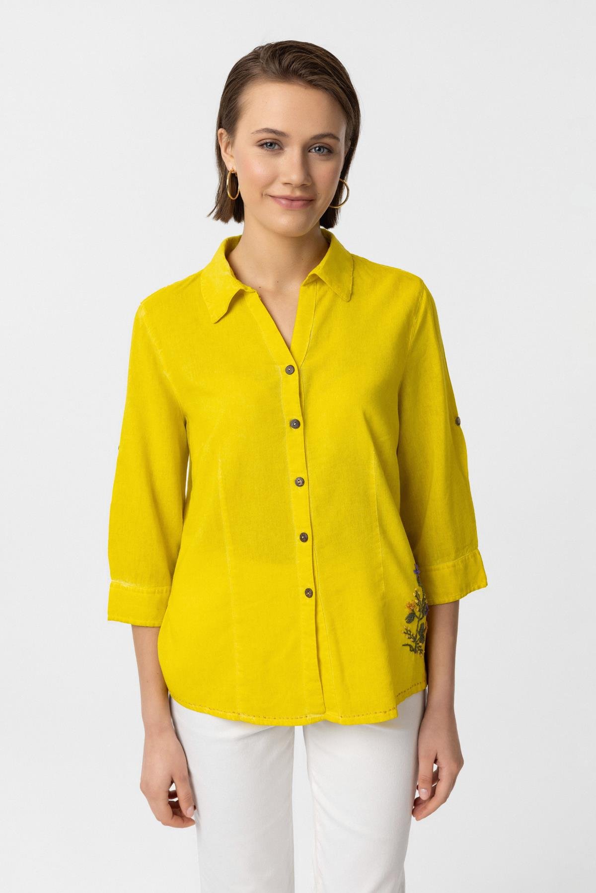 Sarı Şile Bezi İşlemeli Düğmeli Truvakar Kol Pamuklu Gömlek