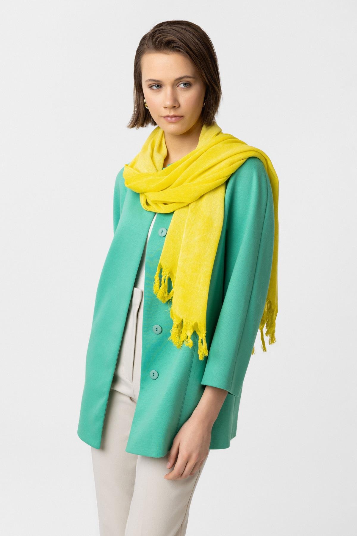 Sarı Şile Bezi Püskül Detaylı Belden Bağlamalı Yazlık Plaj Pamuklu Pareo