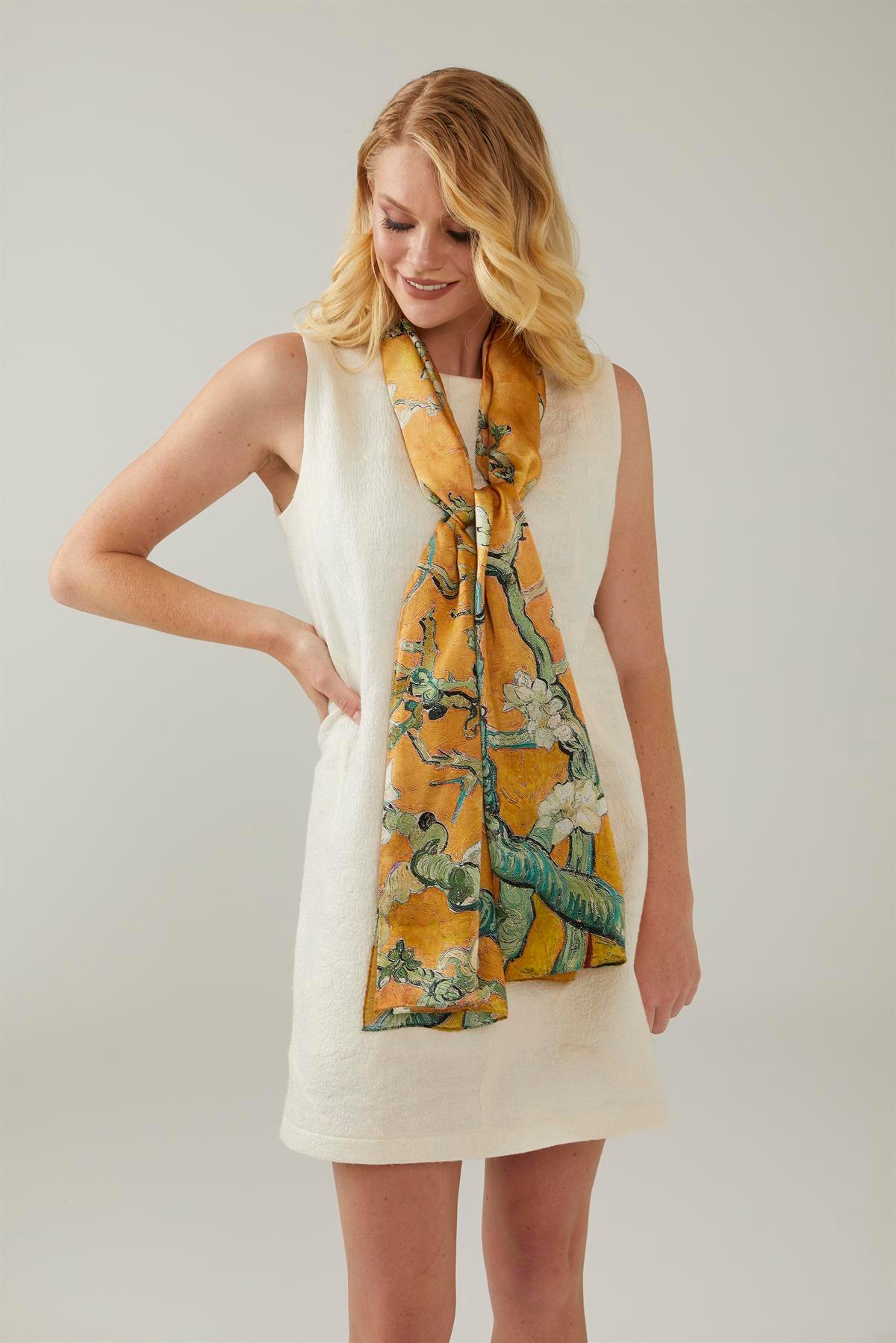 Sarı Van Gogh Almond Blossoms 50x170 Ipek Fular Eşarp