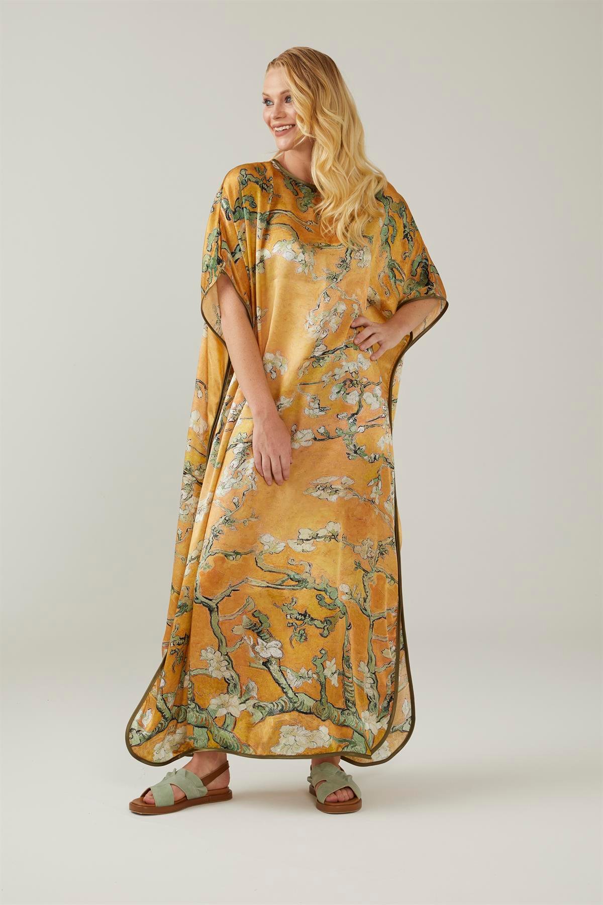 Sarı Van Gogh Almond Blossoms Desenli İpek Elbise