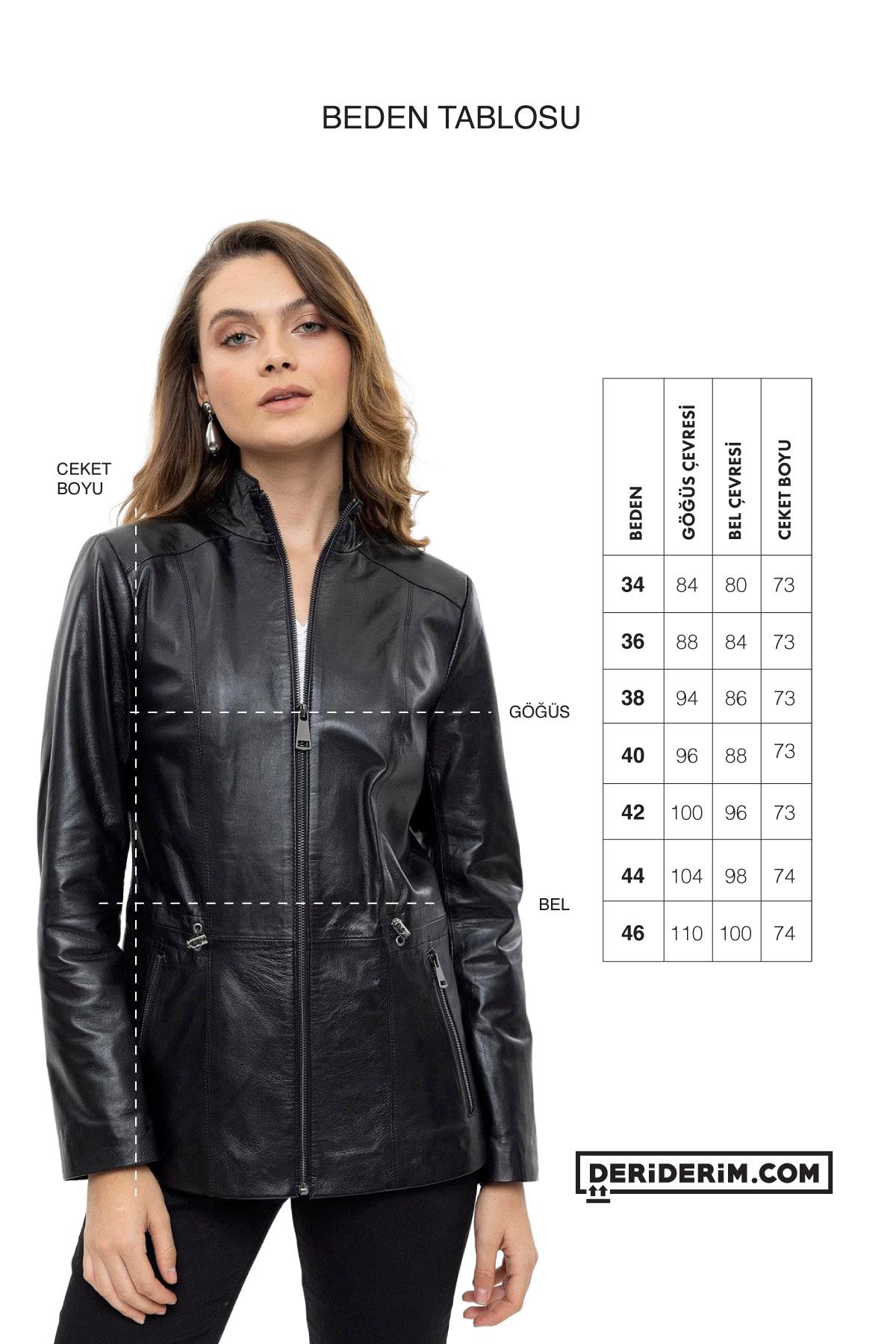 Siyah Aden Fermuarlı Astarlı Belden Büzgülü Kadın Hakiki Deri Ceket