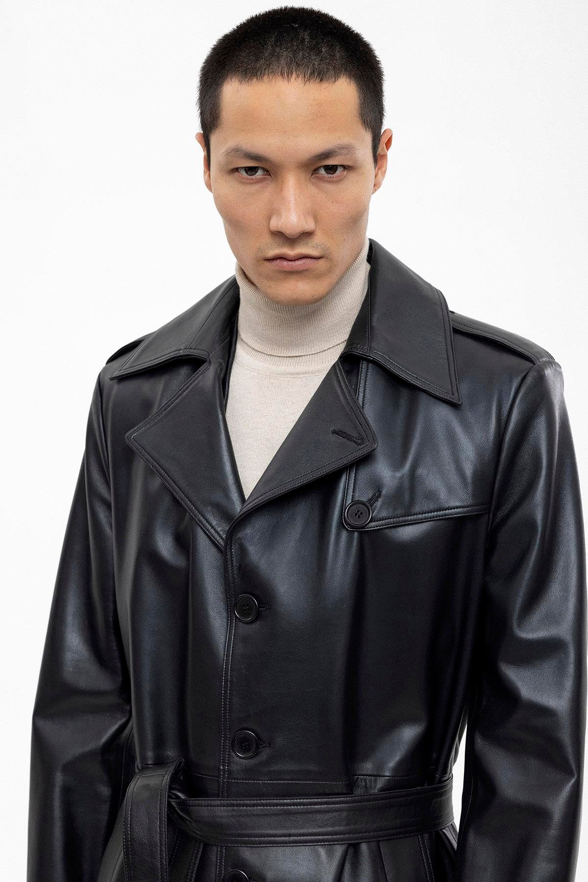 Siyah Axel Düğmeli Astarlı Yırtmaçlı Hakiki Deri Kaban