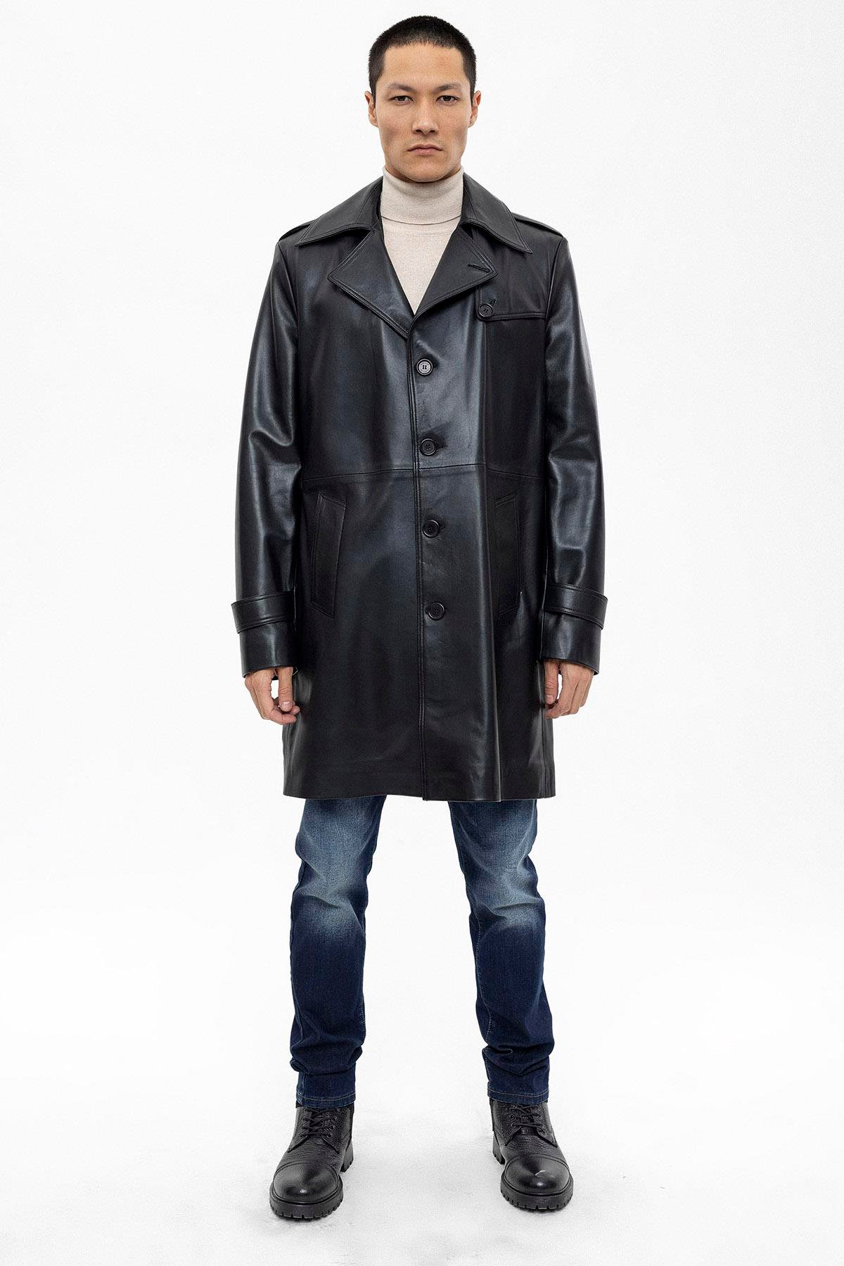 Siyah Axel Düğmeli Astarlı Yırtmaçlı Hakiki Deri Kaban