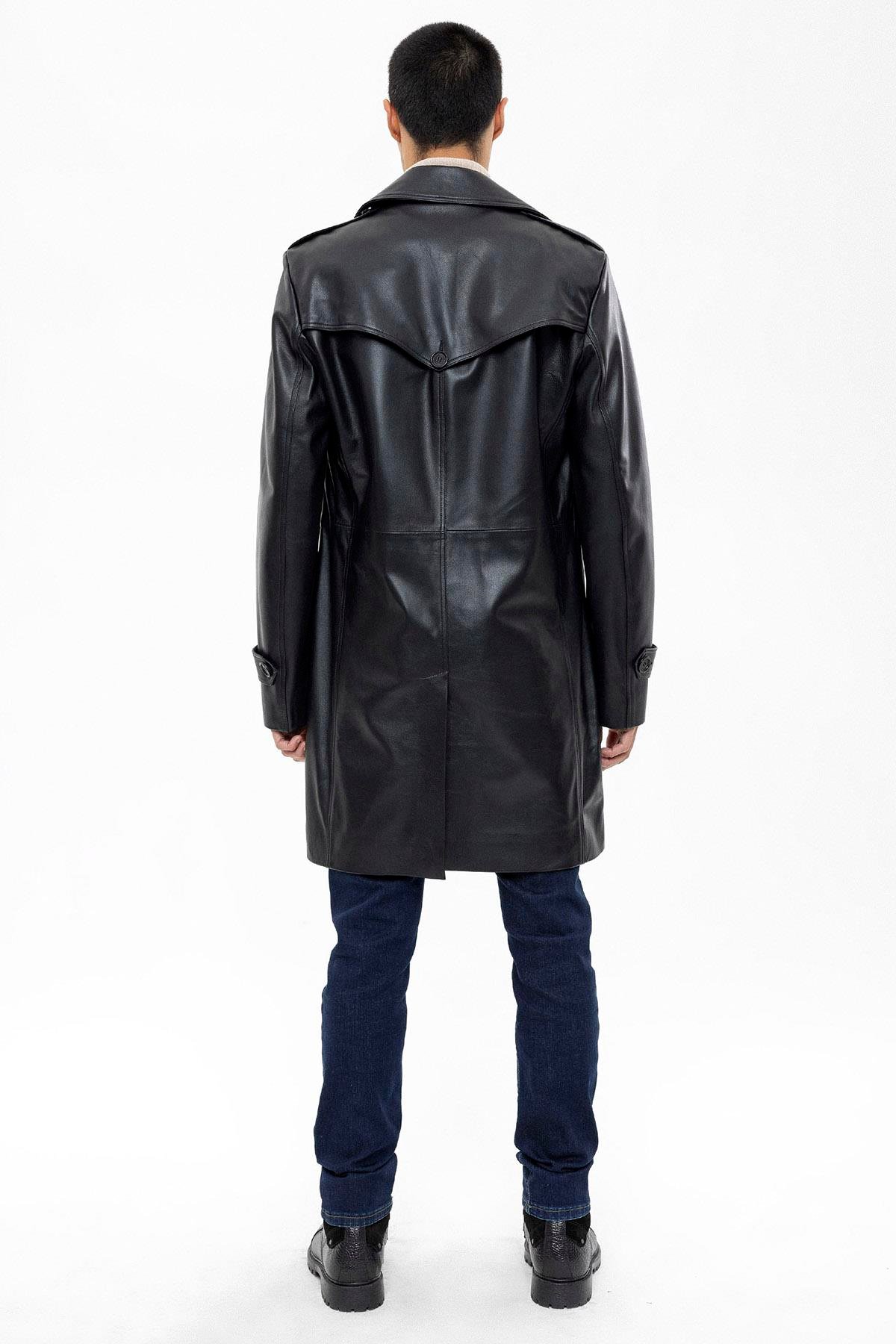 Siyah Axel Düğmeli Astarlı Yırtmaçlı Hakiki Deri Kaban