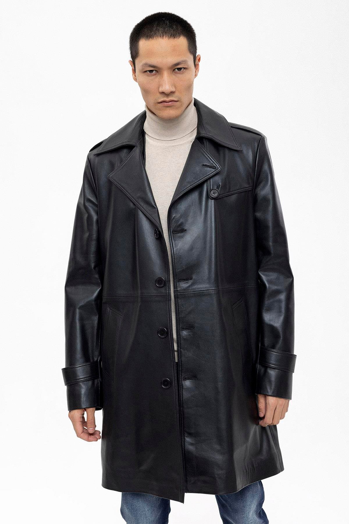 Siyah Axel Düğmeli Astarlı Yırtmaçlı Hakiki Deri Kaban