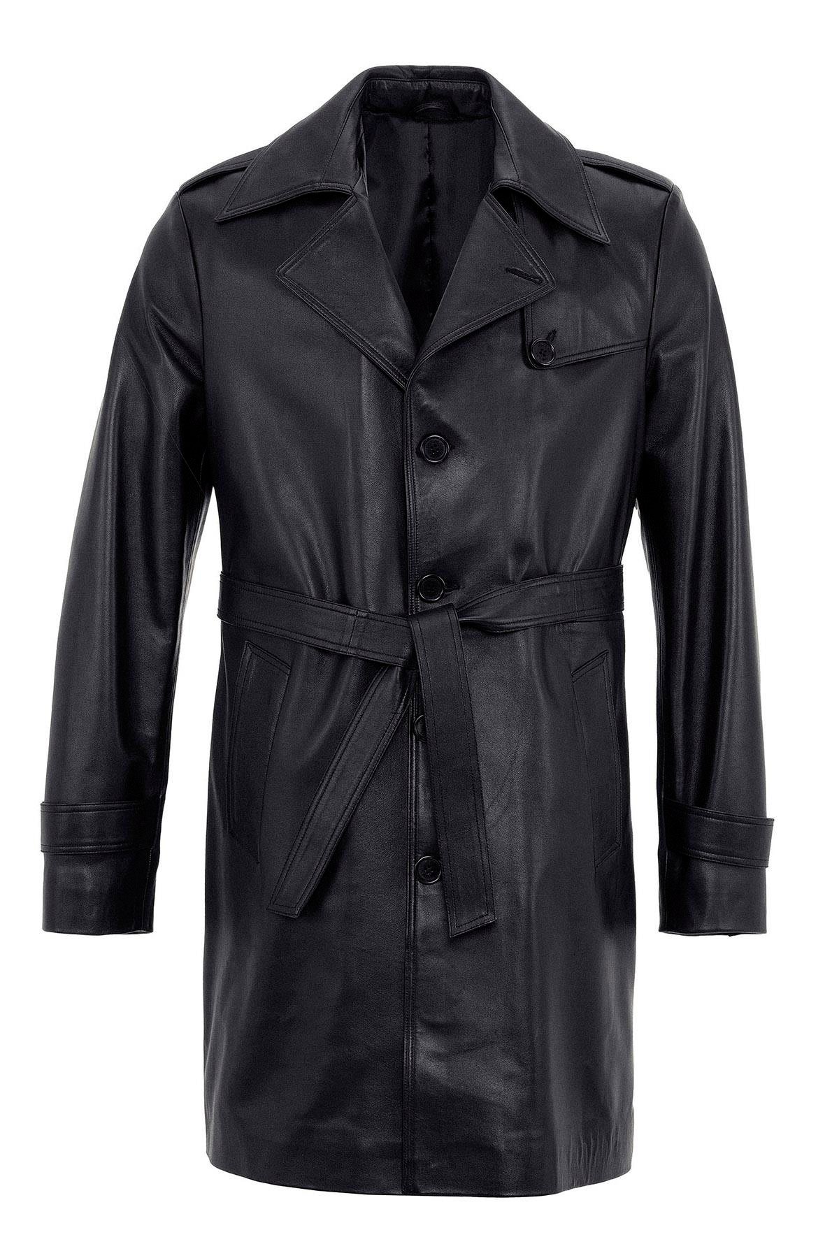 Siyah Axel Düğmeli Astarlı Yırtmaçlı Hakiki Deri Kaban