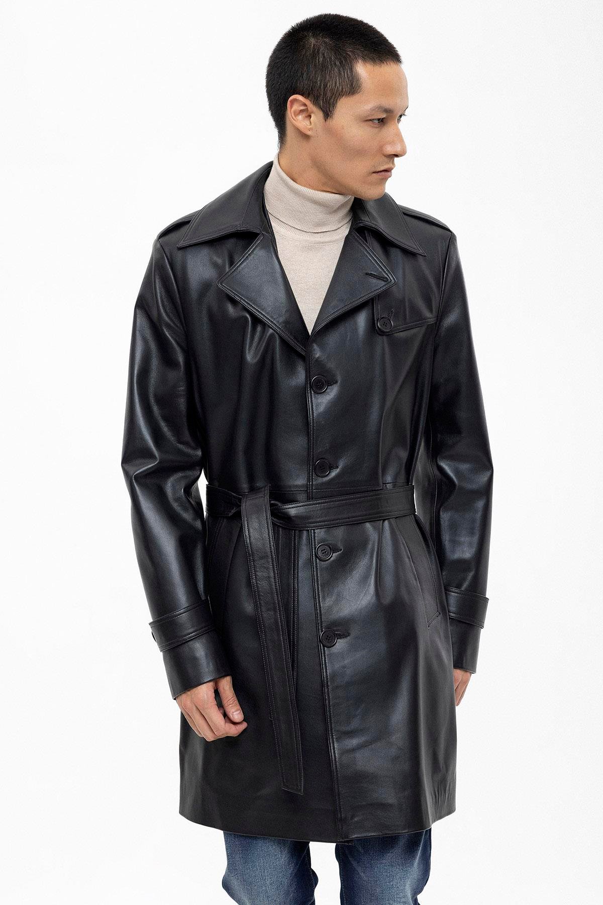 Siyah Axel Düğmeli Astarlı Yırtmaçlı Hakiki Deri Kaban