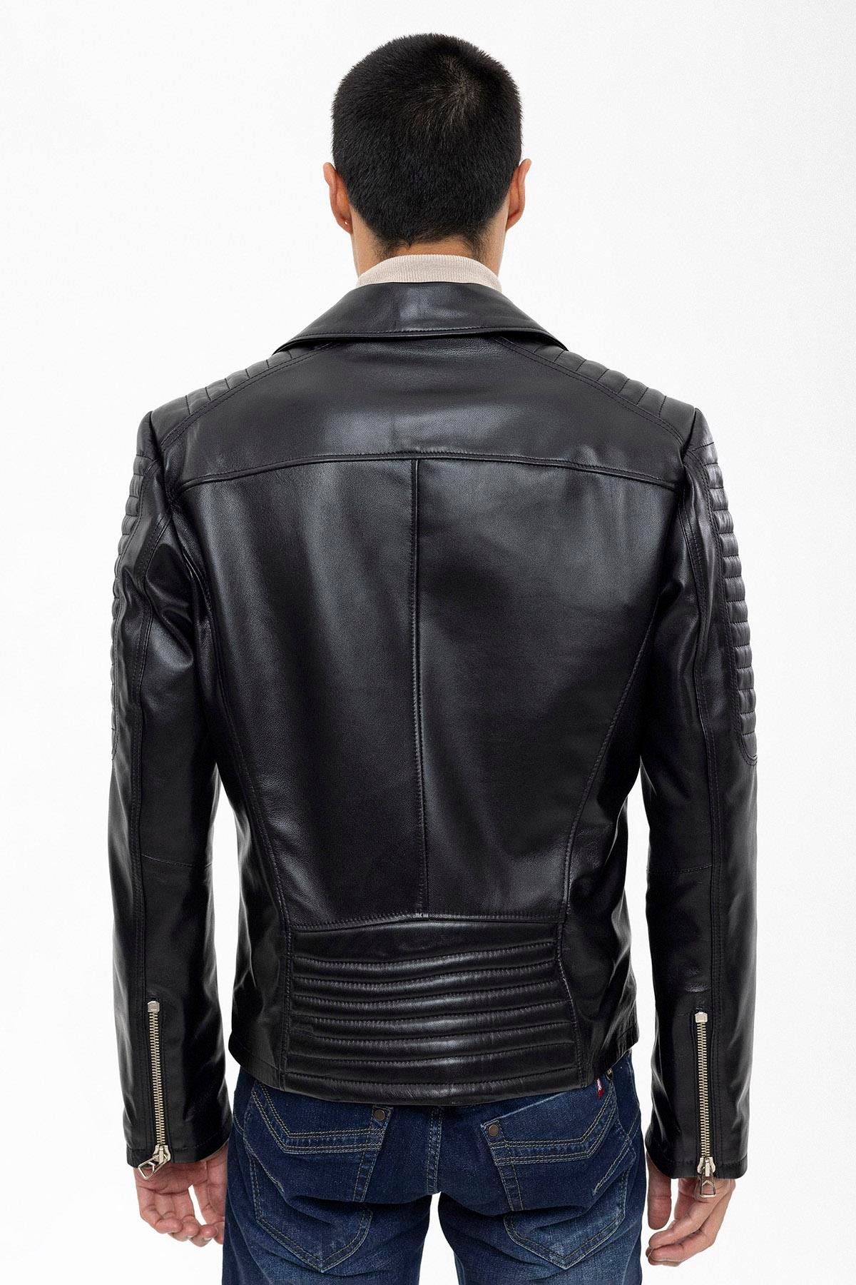 Siyah Biker Motorcu Yandan Fermuarlı Erkek Hakiki Deri Mont